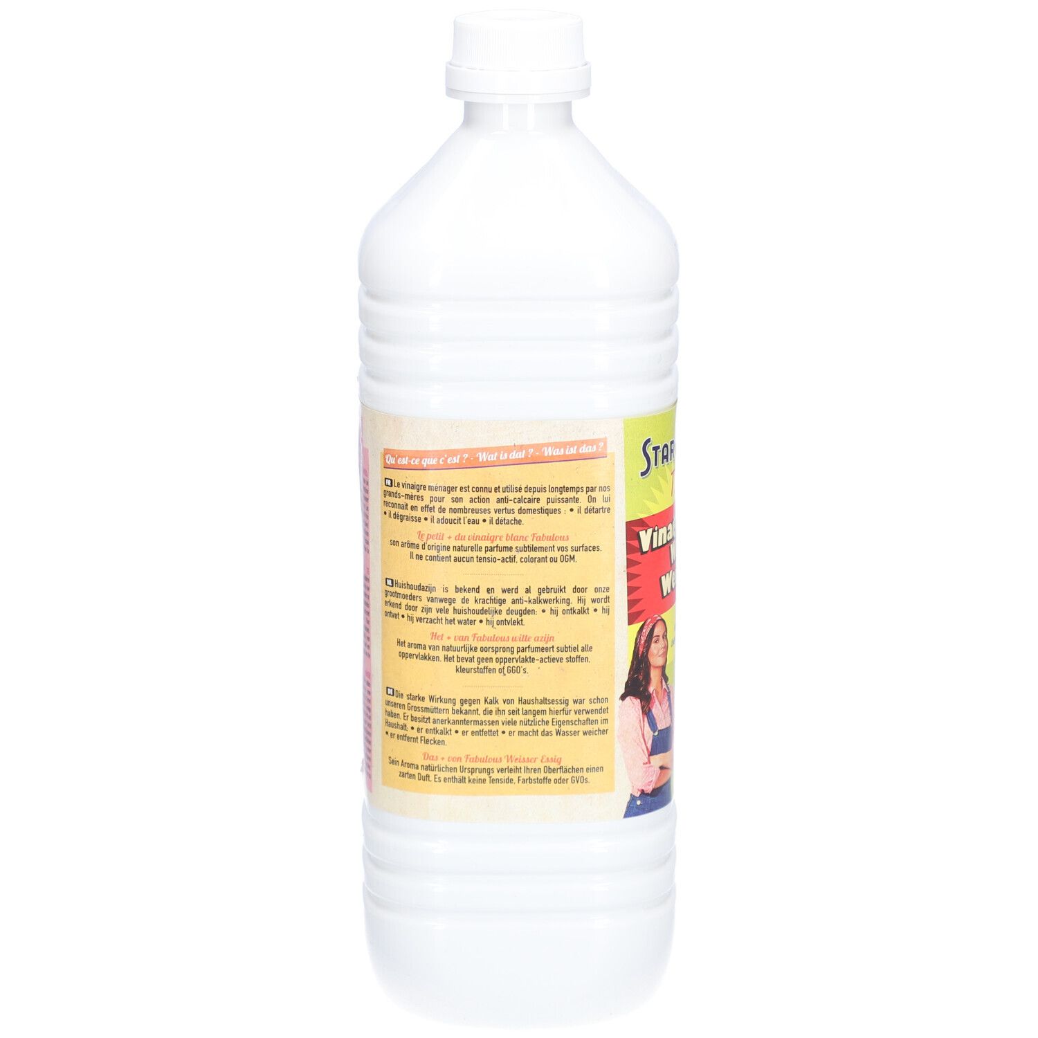 Dos de la bouteille de vinaigre blanc. Texte en plusieurs langues. Étiquette avec informations sur le produit.