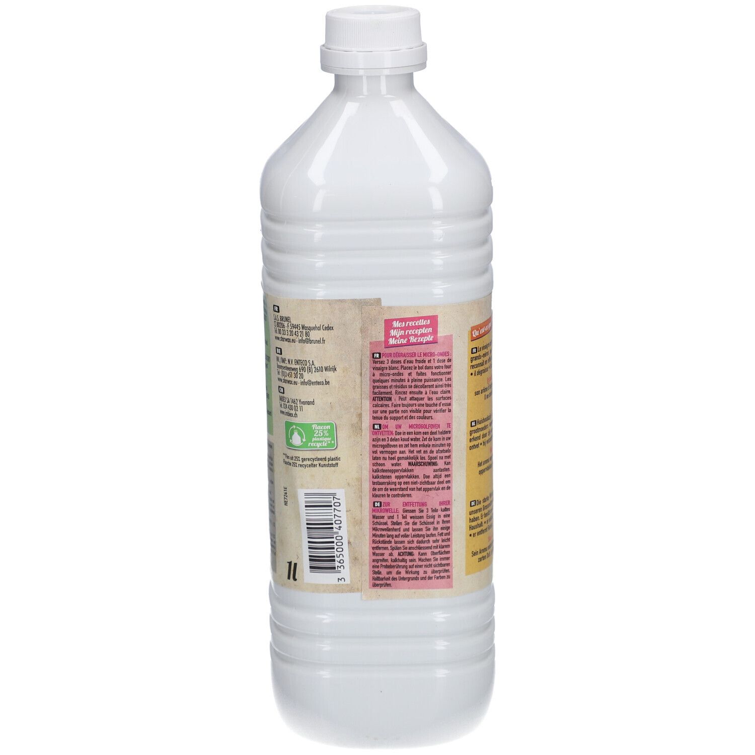 Vue arrière de la bouteille de vinaigre blanc. Étiquette avec texte et code-barres. Inscription : 1L.
