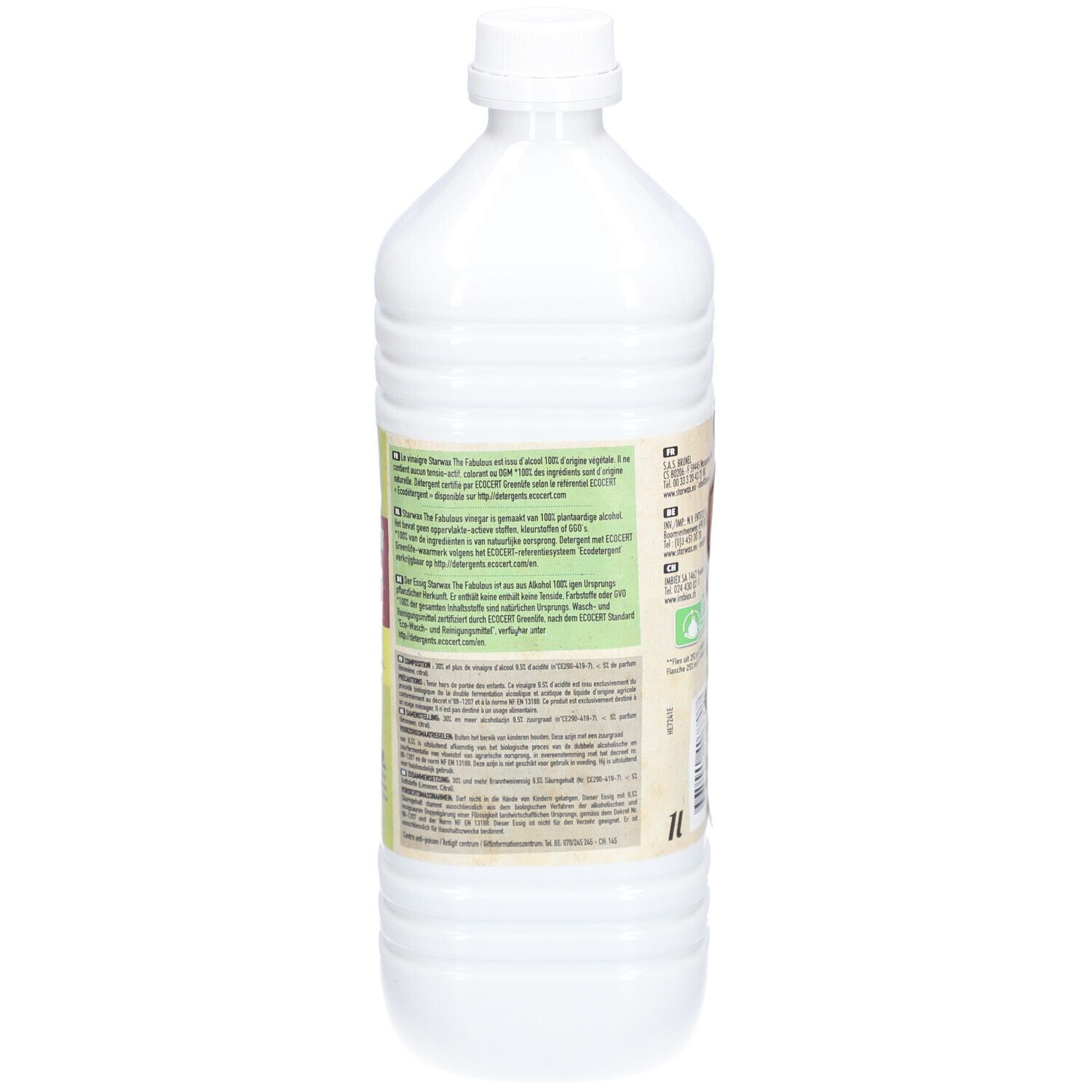 Dos de la bouteille de vinaigre blanc. Texte en plusieurs langues. Étiquette avec informations sur le produit.