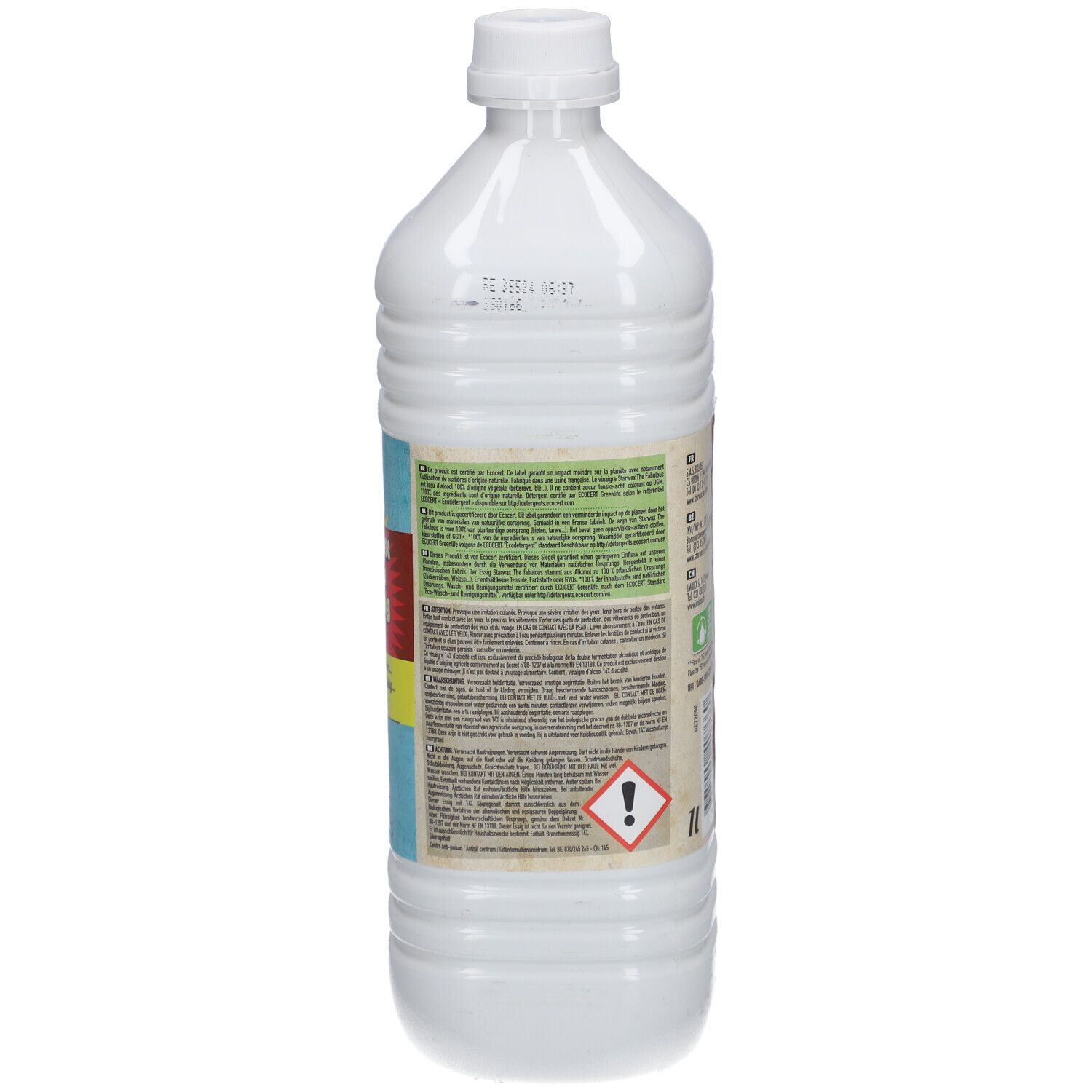 Dos de la bouteille blanche. Texte en plusieurs langues. Contient des informations sur l'utilisation et les ingrédients. Symbole de danger.