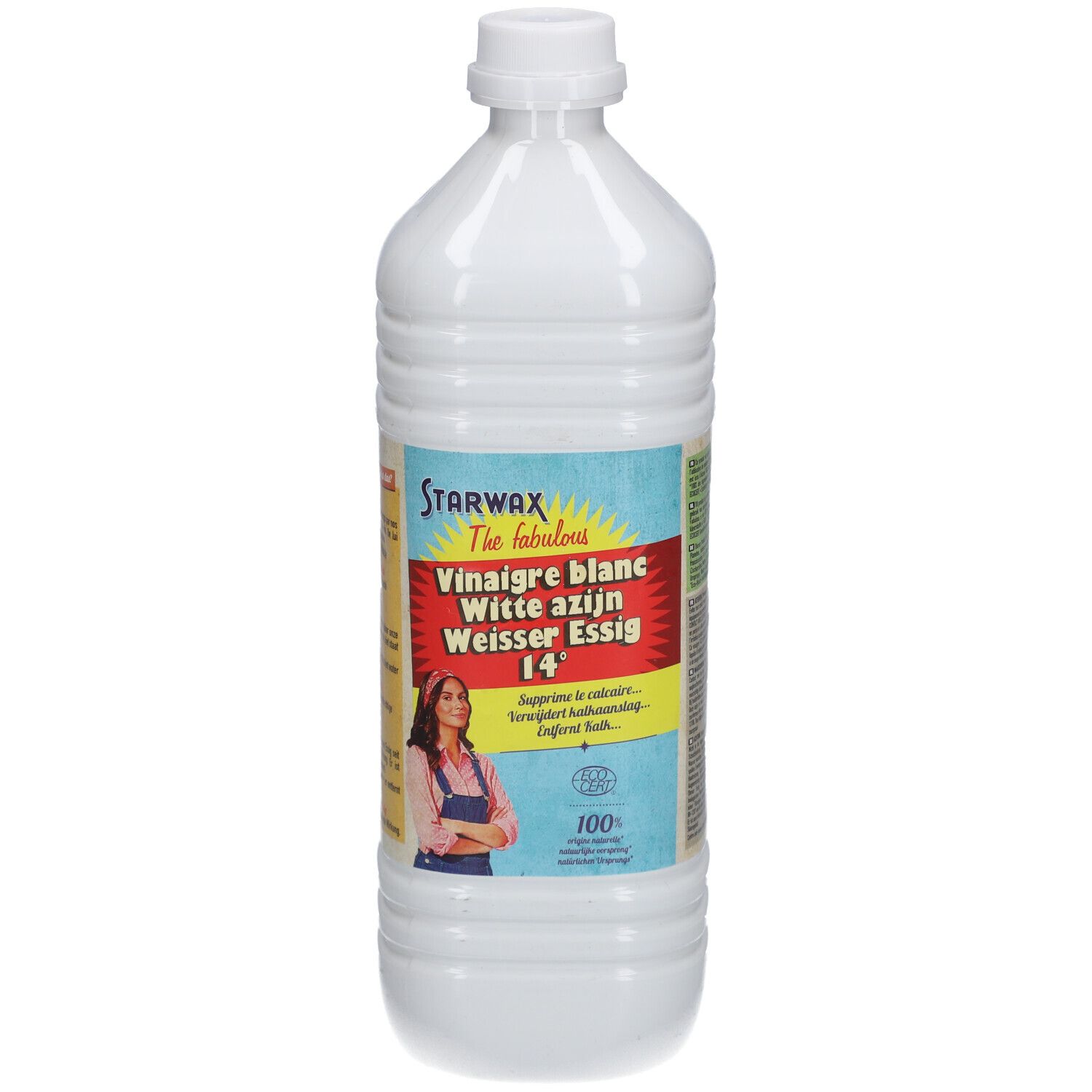 Bouteille blanche avec étiquette STARWAX. Inscription : Vinaigre blanc, Witte azijn, Weisser Essig 14°. Illustration d'une femme.