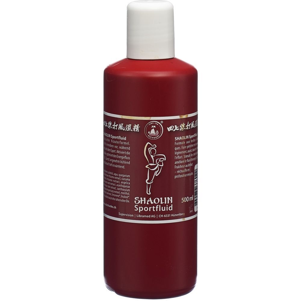 Flacon rouge avec bouchon blanc. Inscription: SHAOLIN Sportfluid. Étiquette avec illustration d'une personne.
