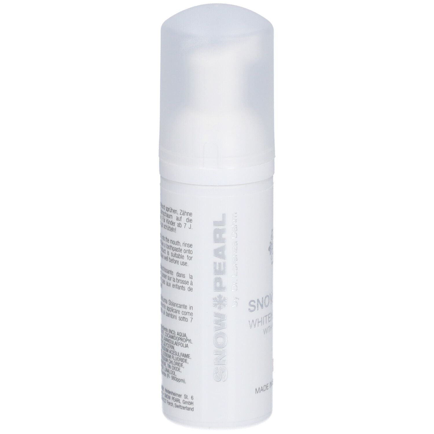 Flacon blanc de mousse. Inscription: Snow Pearl, Snow Shine Whitening Foam. Croix suisse.