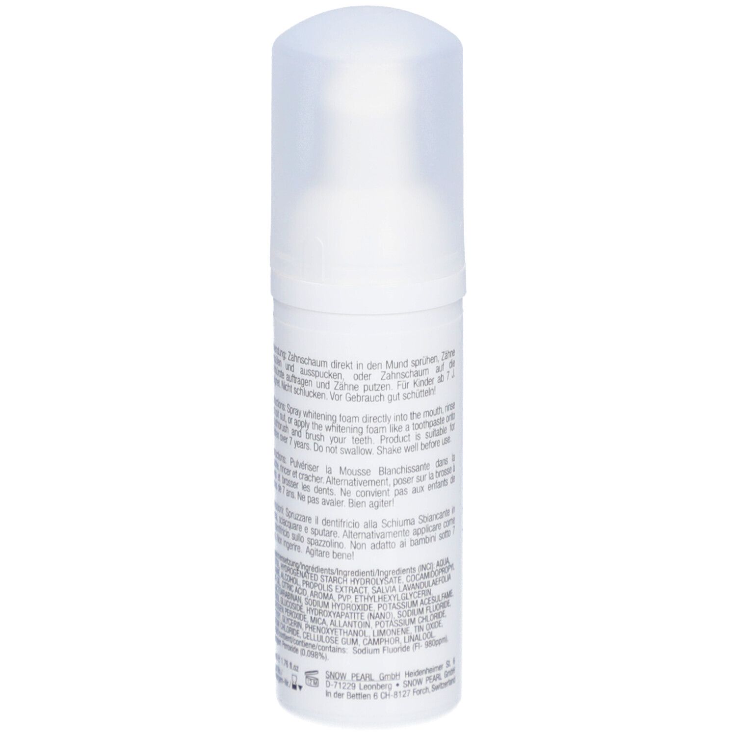 Flacon blanc de mousse. Dos avec texte. Inscription: Snow Pearl, Snow Shine Whitening Foam.