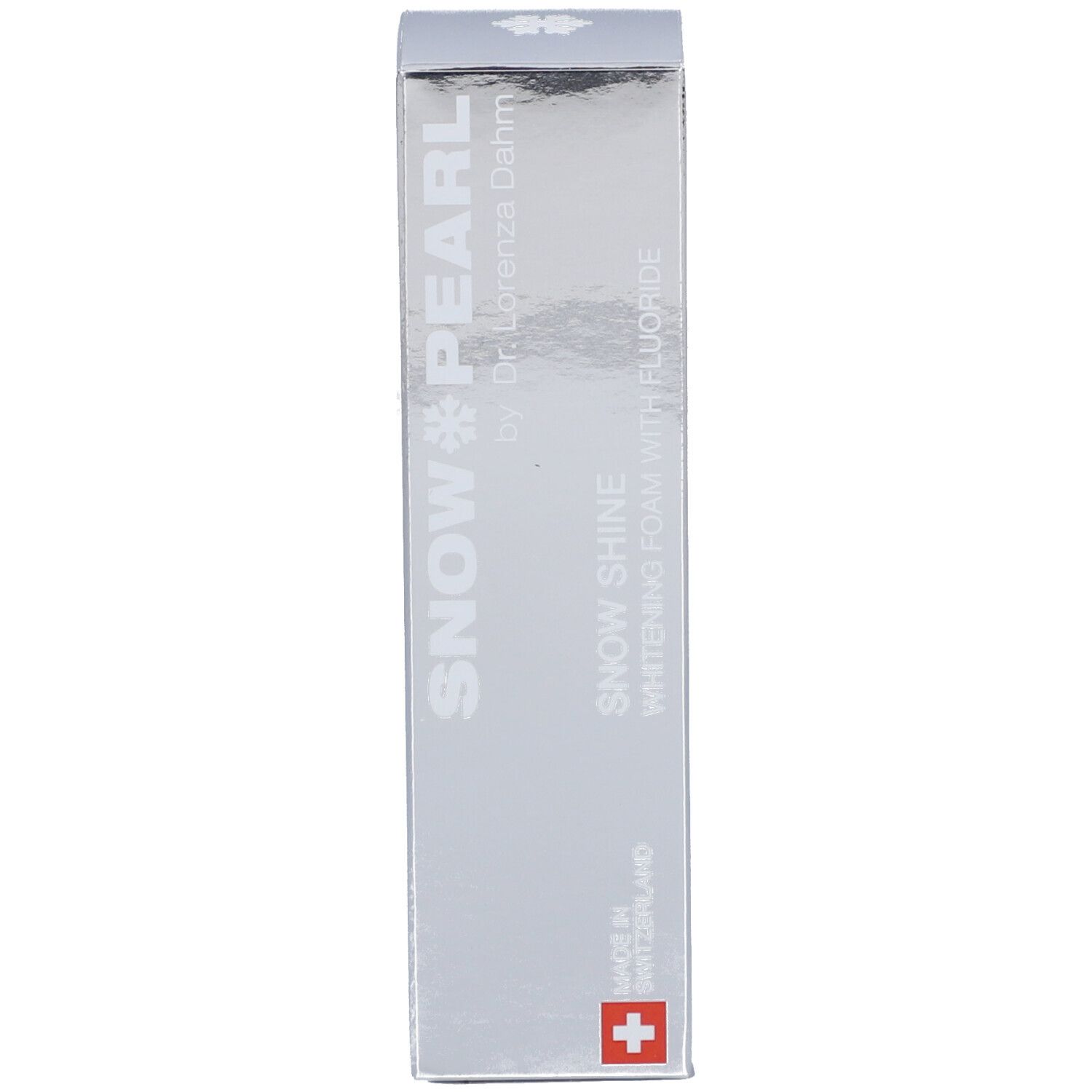 Boîte. Inscription: Snow Pearl, Snow Shine Whitening Foam avec fluorure. Croix suisse.