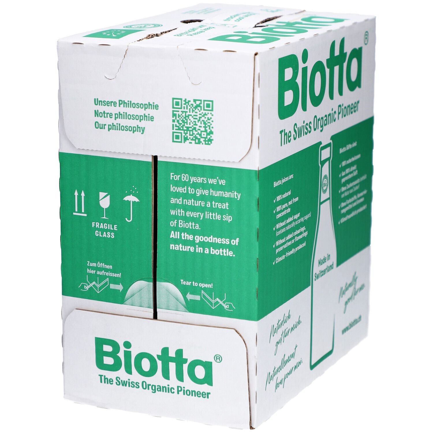 Carton BIOTTA avec texte vert et code QR. Texte: "Fragile Glass", "Tear to open".