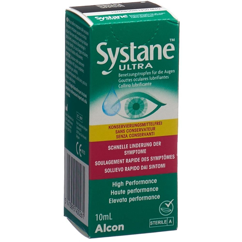 Boîte verte "Systane Ultra". Contient des gouttes oculaires. 10ml. Logo Alcon. Texte en allemand, français, italien.