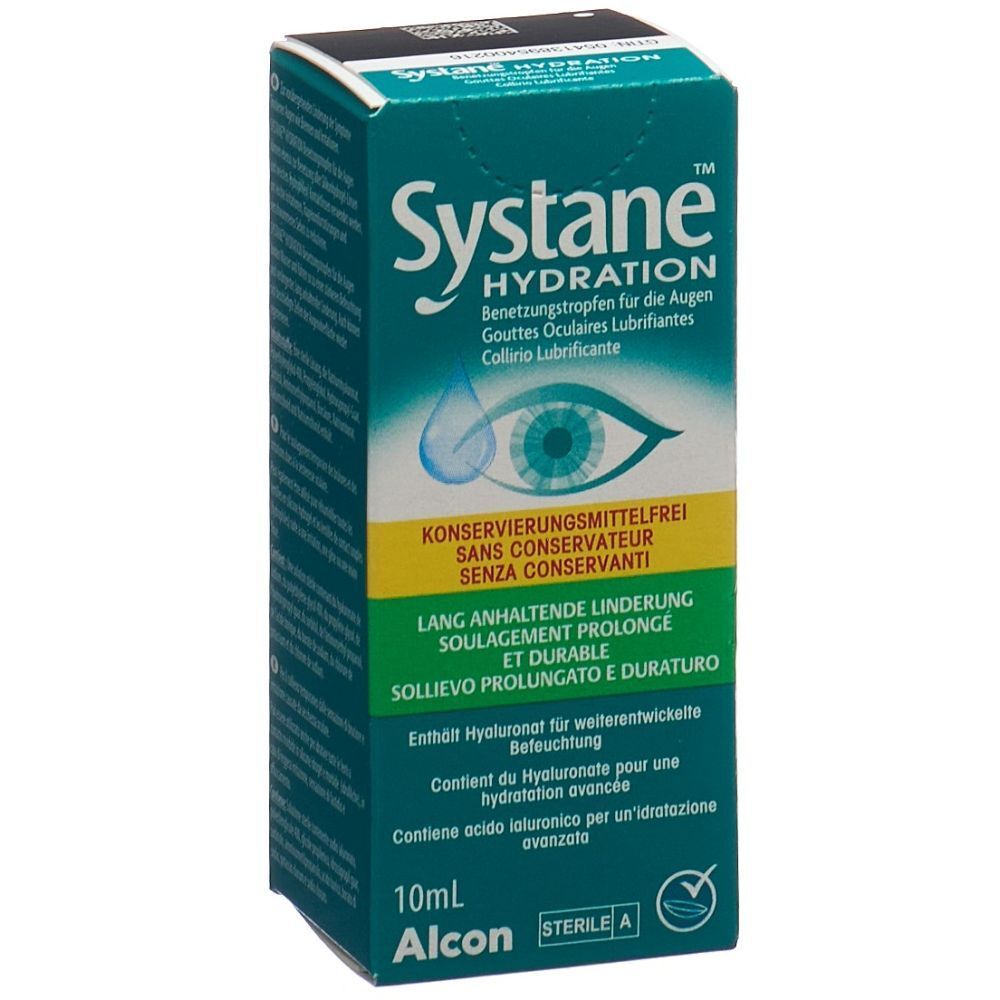 Boîte de Systane Hydration. Emballage bleu et blanc avec nom du produit et illustration d'œil. 10 ml.