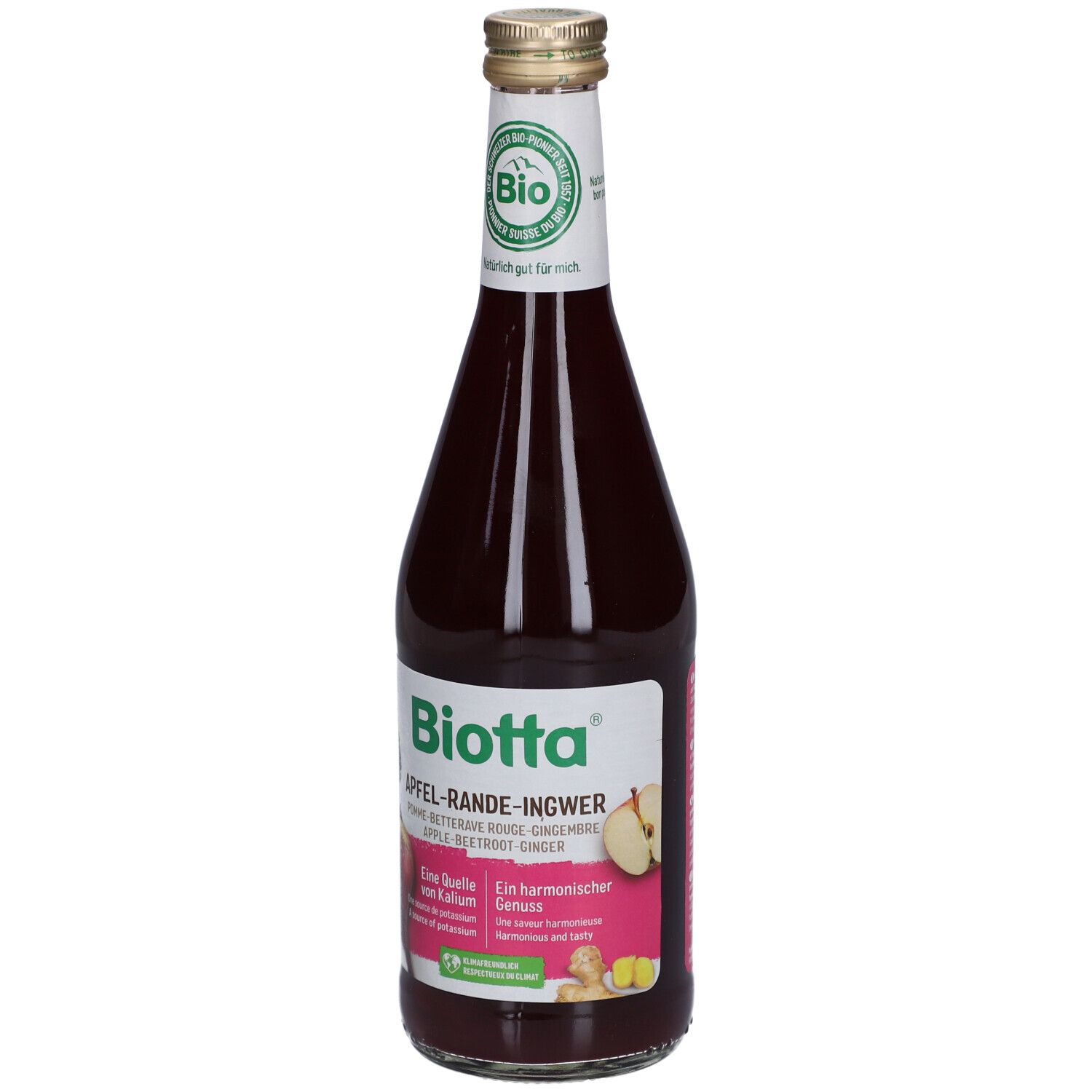 Bouteille en verre de jus rouge. Inscription: BIOTTA Pomme-Betterave Rouge-Gingembre Bio. Label bio. Illustration de pomme, betterave et gingembre.