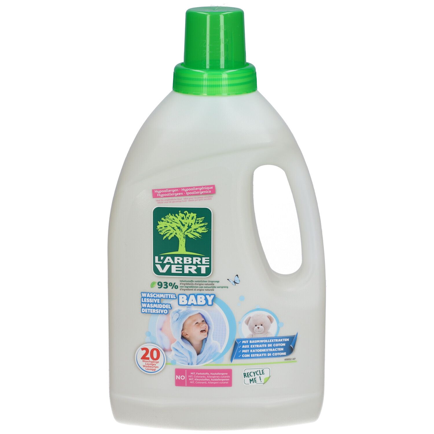 Bouteille de L'ARBRE VERT Baby Lessive avec bouchon vert. Montre un bébé avec une serviette à capuche et un ours en peluche.