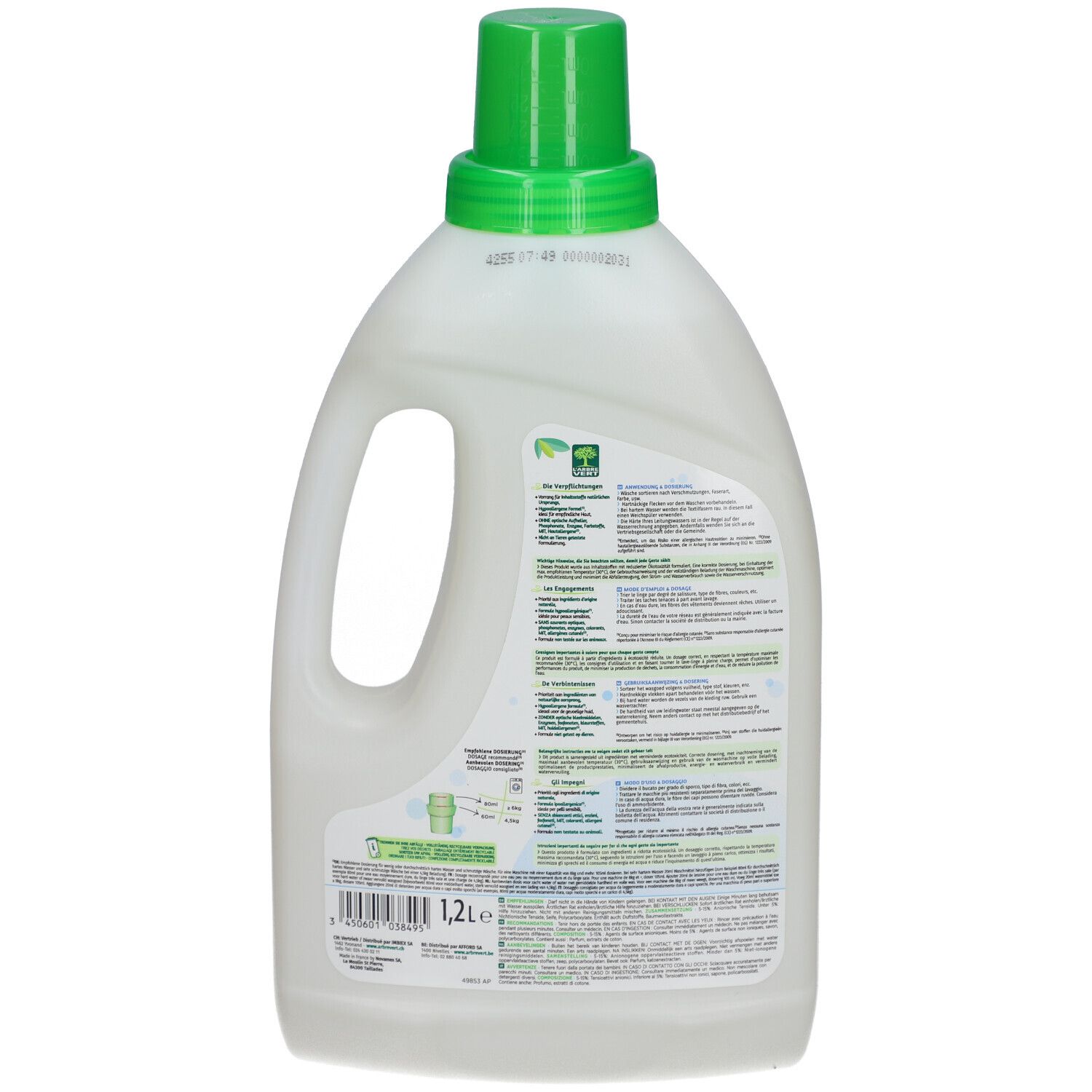 Arrière d'une bouteille de L'ARBRE VERT Baby Lessive avec informations produit et indication 1,2L.