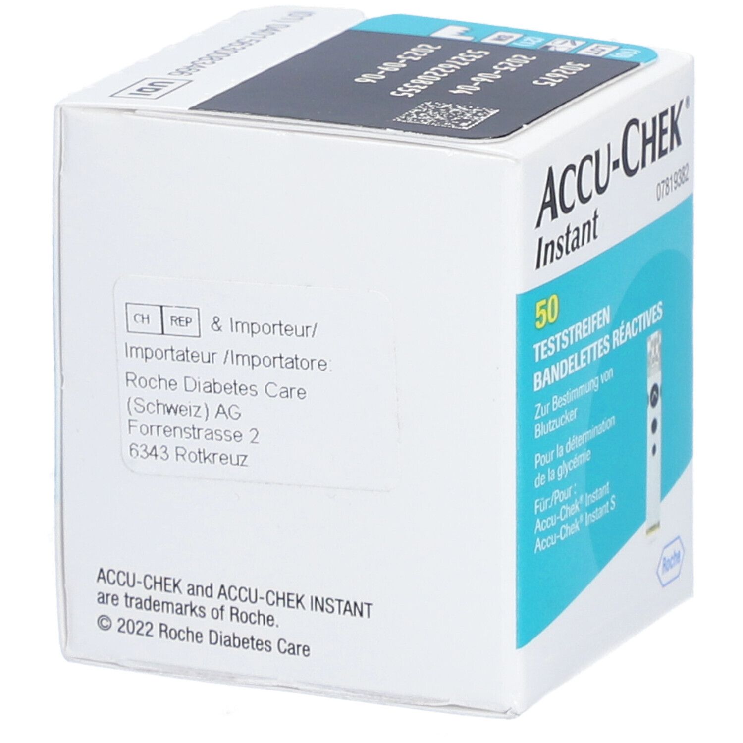 Arrière de la boîte de 50 bandelettes réactives Accu-Chek Instant, informations fabricant.