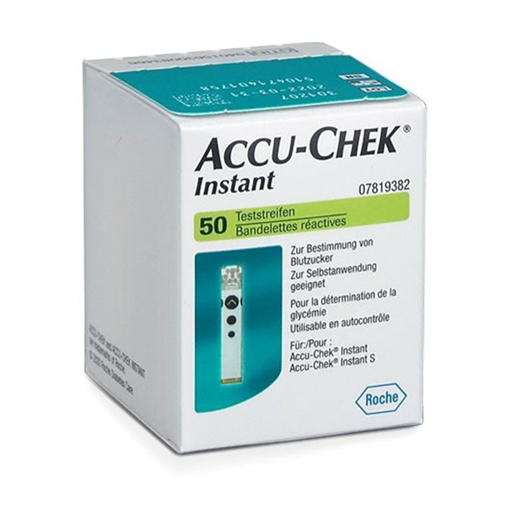 Boîte de bandelettes réactives ACCU-CHEK Instant. 50 bandelettes, emballage vert et blanc. Logo Roche.