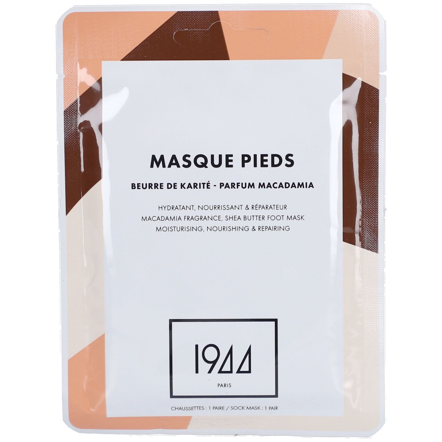 Masque pieds emballé. Texte: Masque Pieds, Beurre de Karité, Parfum Macadamia. Logo 1944 Paris.