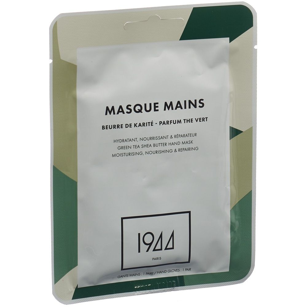 Masque mains en sachet. Texte: Masque Mains, Beurre de Karité, Parfum Thé Vert. Logo 1944 PARIS. Fond vert.