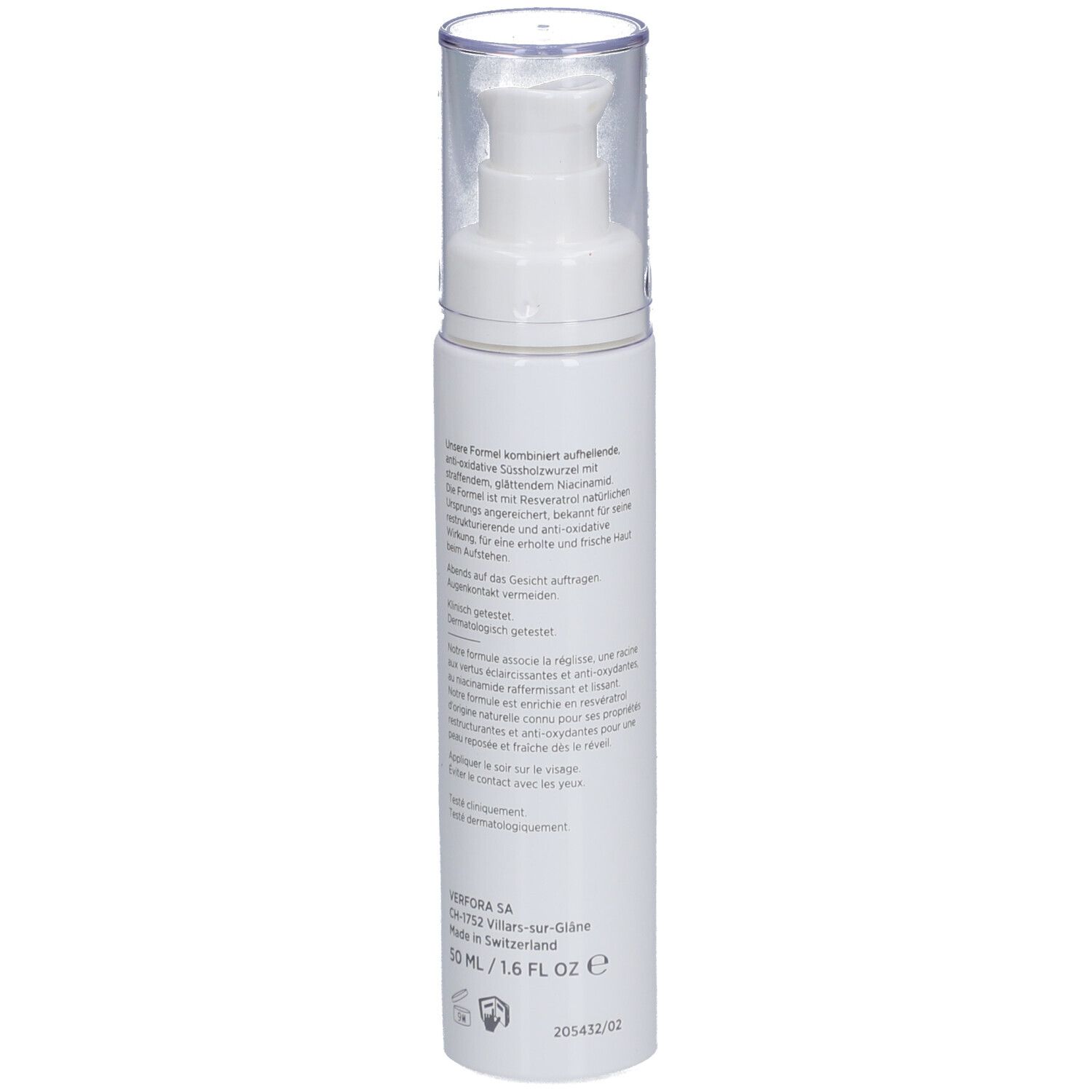 Flacon blanc avec pompe. Texte et inscription. Croix suisse. 50 ml/1.6 FL OZ.