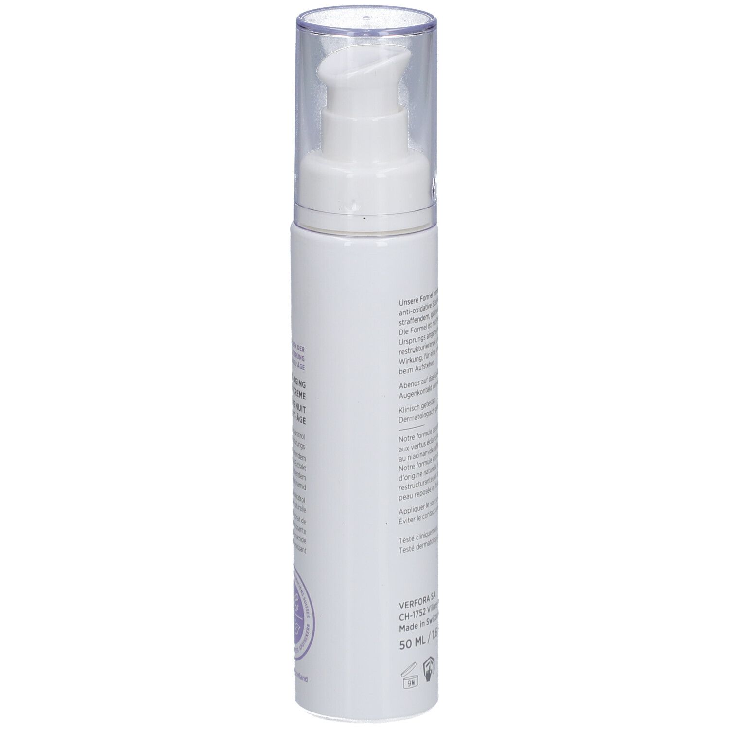Flacon blanc avec pompe. Texte et inscription. Croix suisse. 50 ml/1.6 FL OZ.