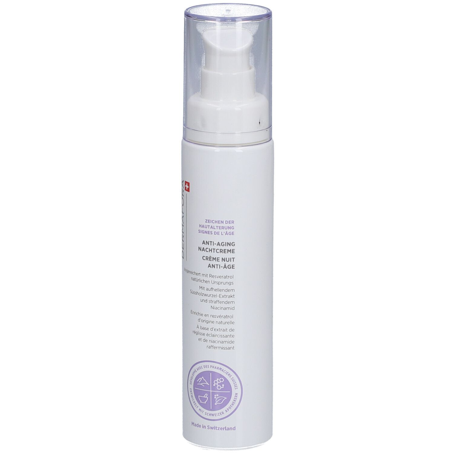 Flacon blanc avec pompe. Inscription: Dermafora, Crème de nuit anti-âge. Croix suisse.