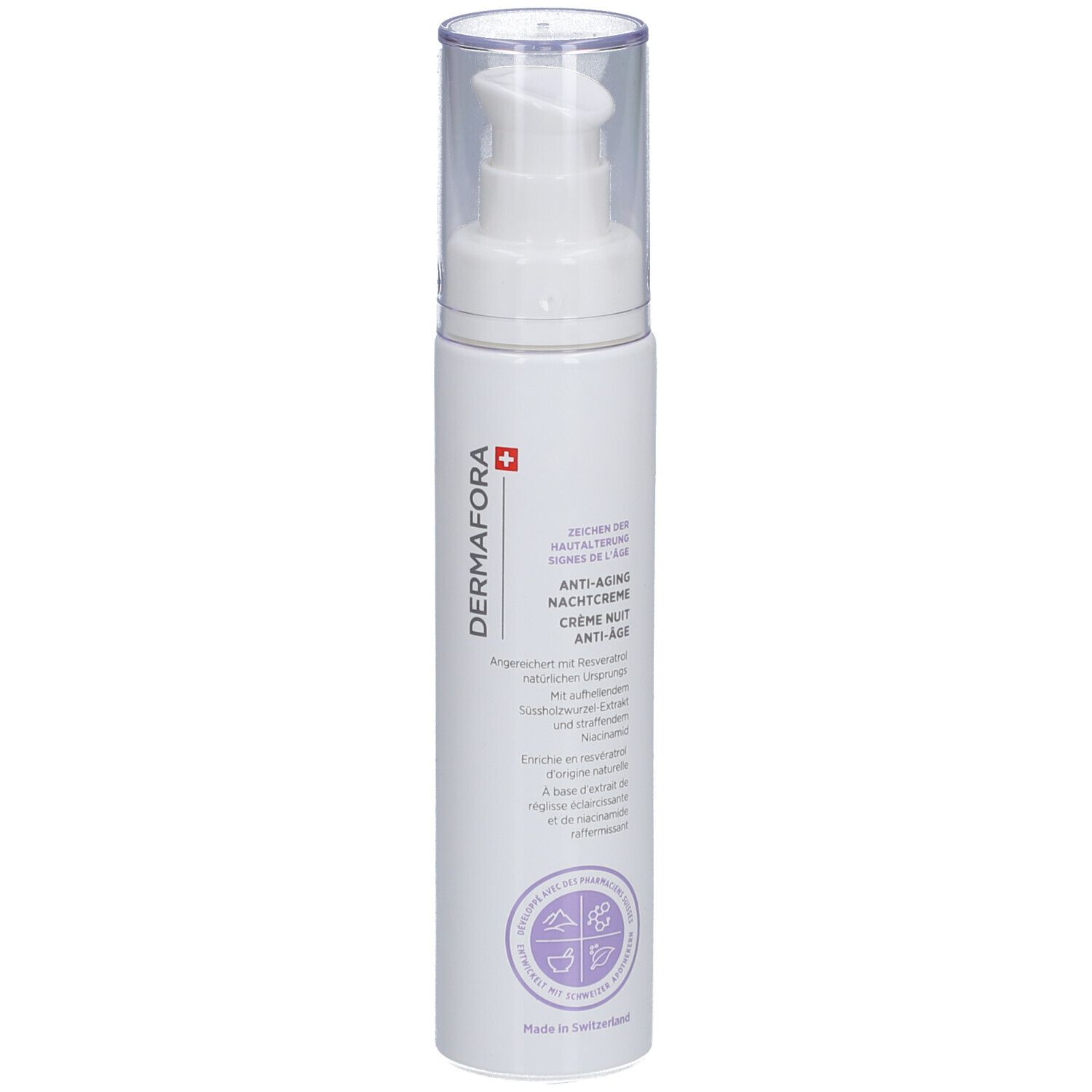 Flacon blanc avec pompe. Inscription: Dermafora, Crème de nuit anti-âge. Croix suisse.