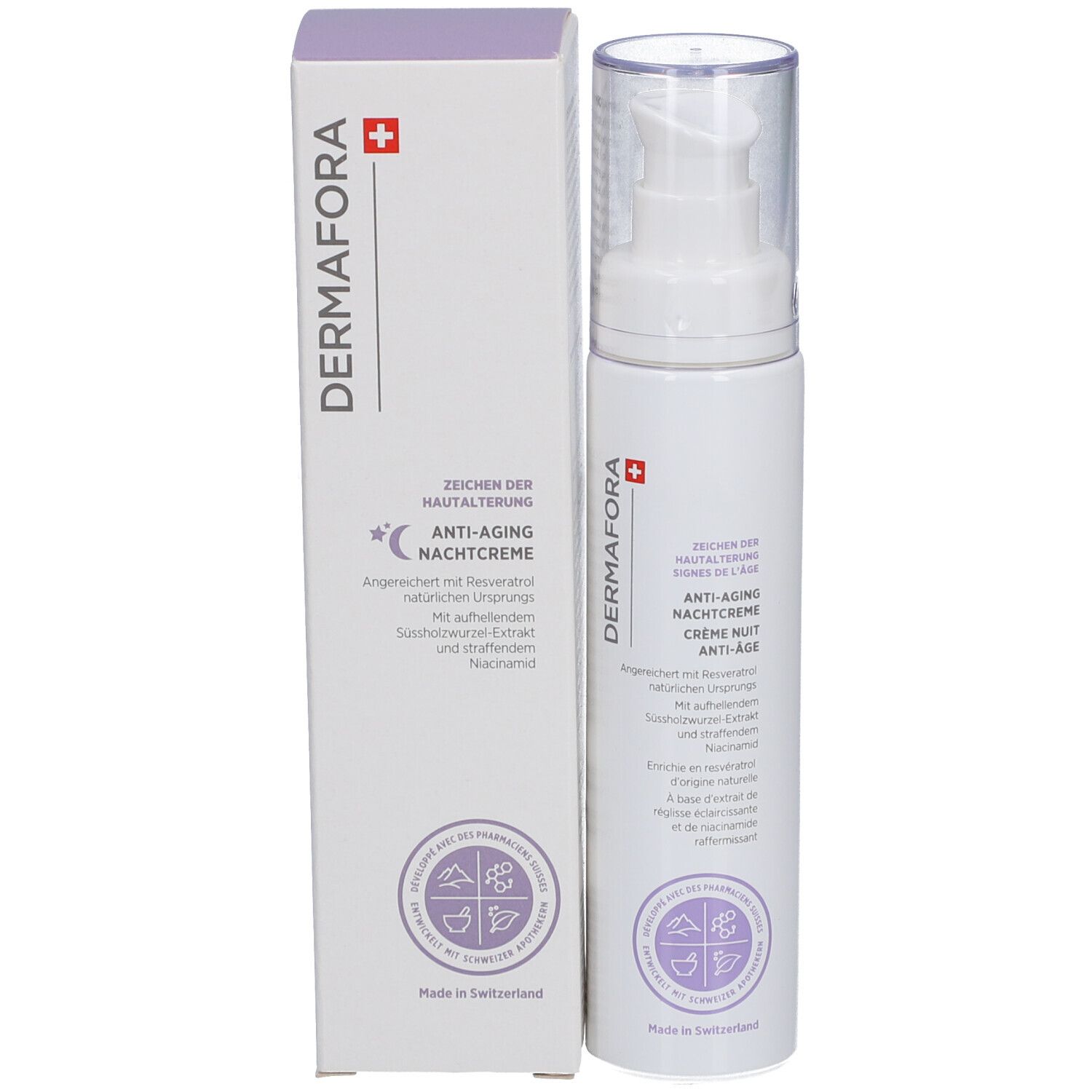 Flacon et emballage du produit. Flacon blanc avec pompe. Inscription: Dermafora, Crème de nuit anti-âge.
