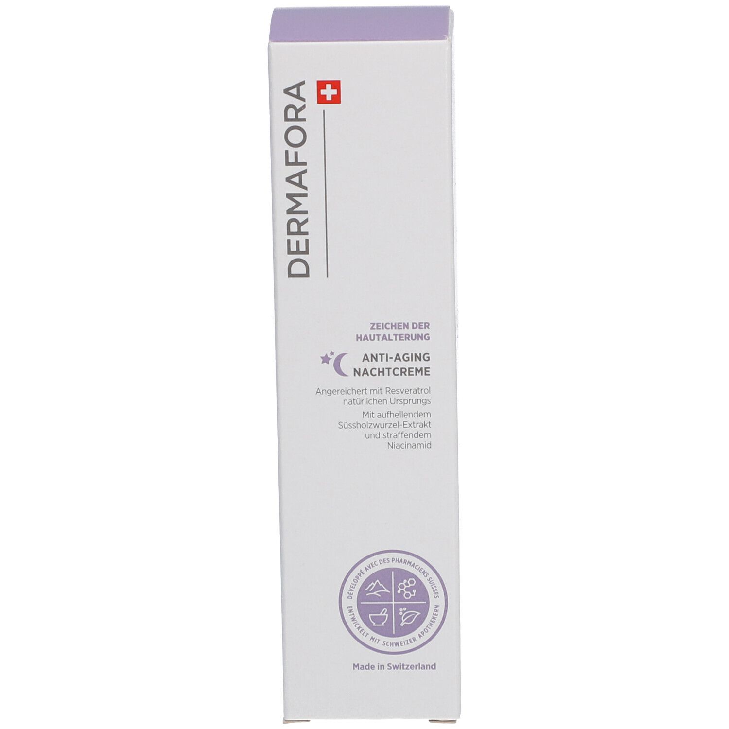 Emballage. Boîte blanche avec inscription: Dermafora, Crème de nuit anti-âge. Croix suisse.