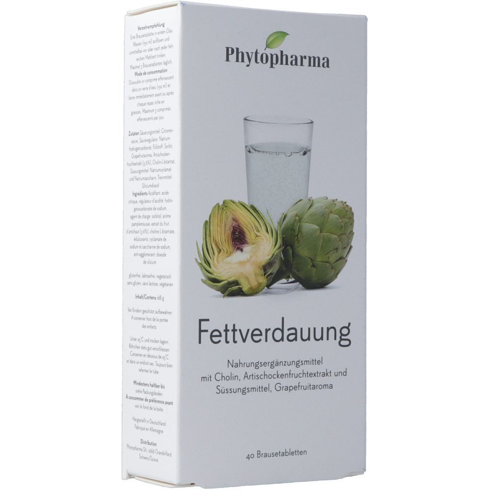 Boîte blanche avec impression du produit. Illustration d'artichauts et d'un verre d'eau. Texte : Fettverdauung, 40 comprimés effervescents.