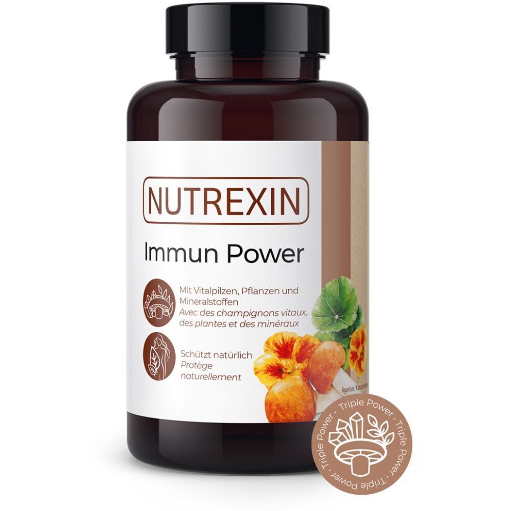 Flacon brun de gélules. Inscription: NUTREXIN Immun Power. Avec champignons vitaux, plantes et minéraux. Sceau.