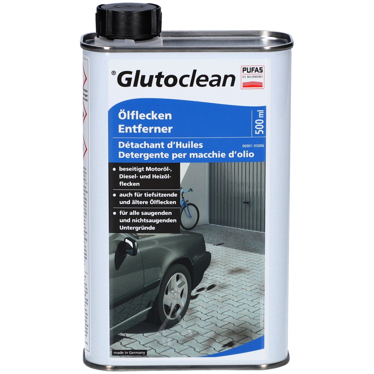Bidon métallique avec bouchon noir. Inscription 'Glutoclean Ölflecken Entferner'. Contient 500 ml. Image avec voiture et garage.