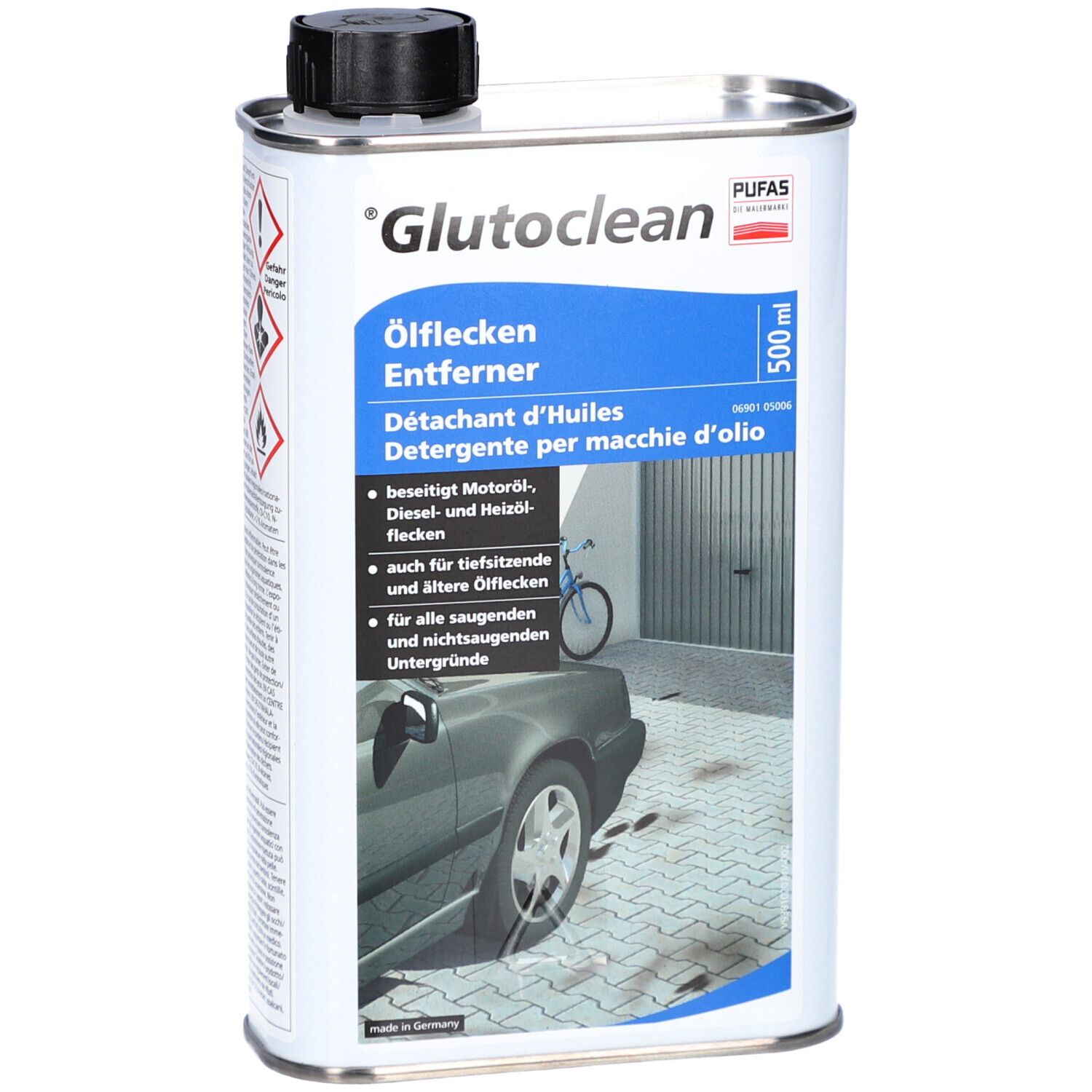 Bidon métallique avec bouchon noir. Inscription 'Glutoclean Ölflecken Entferner'. Contient 500 ml. Image avec voiture et garage.
