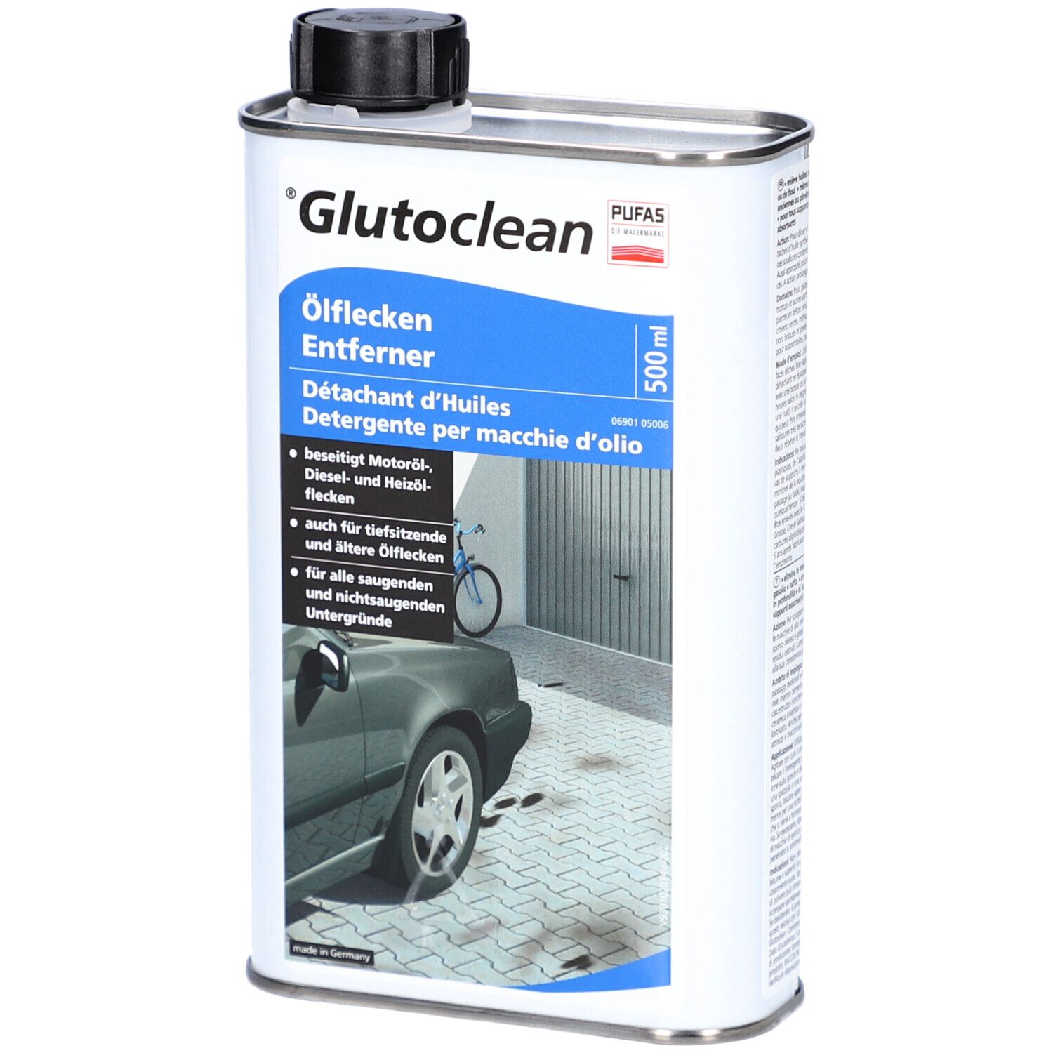Bidon métallique avec bouchon noir. Inscription 'Glutoclean Ölflecken Entferner'. Contient 500 ml. Image avec voiture et garage.
