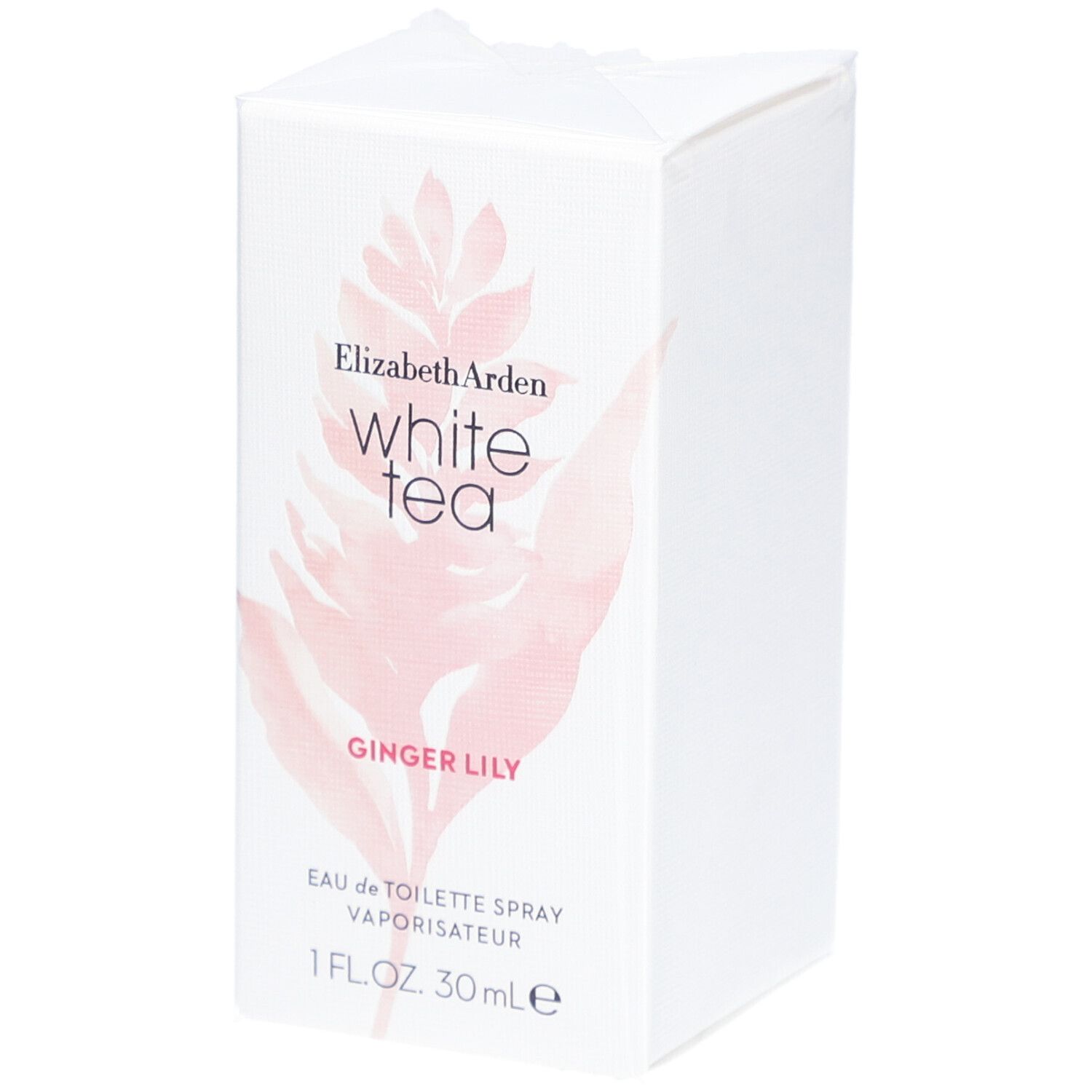 Boîte blanche rectangulaire avec nom du produit et motif floral. Texte: White Tea, Ginger Lily, Eau de Toilette Spray.