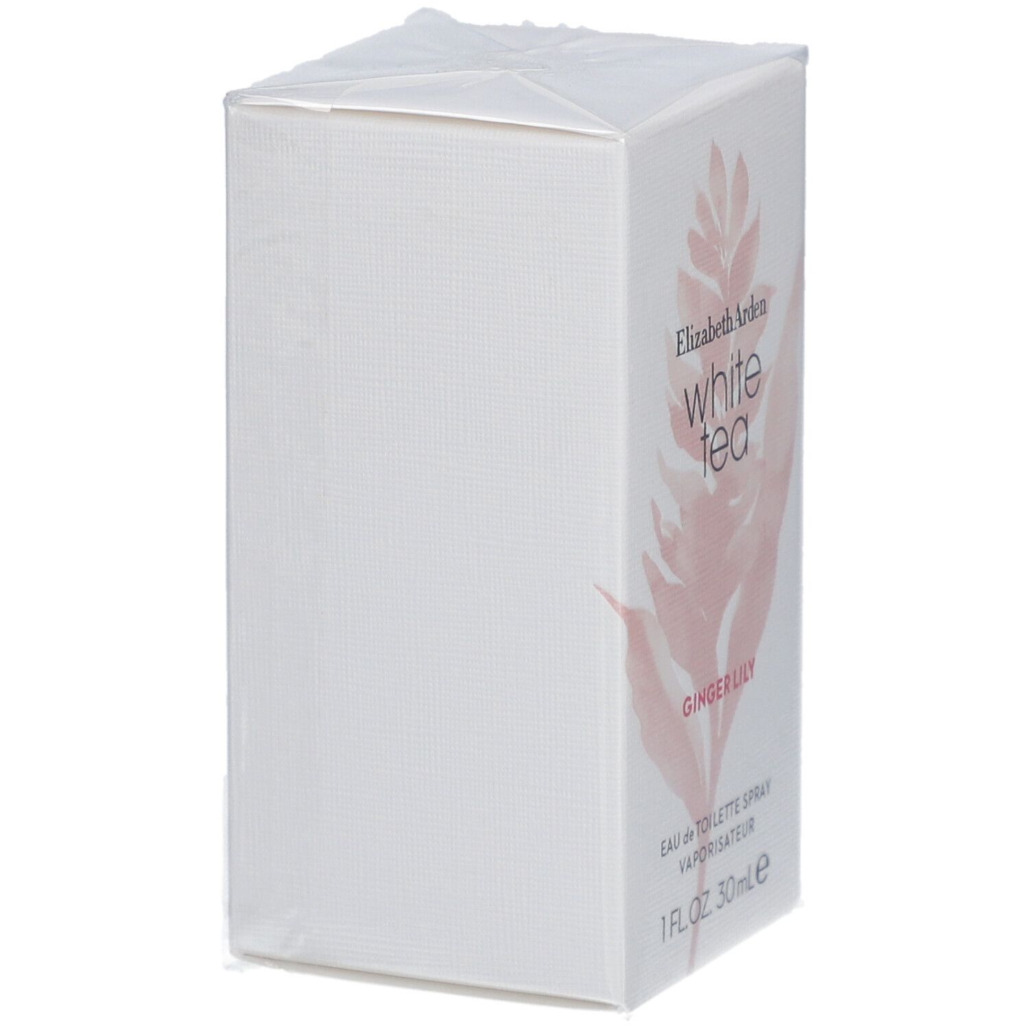 Boîte rectangulaire blanche emballée dans du film transparent. Nom du produit et motif floral visibles sur le devant.