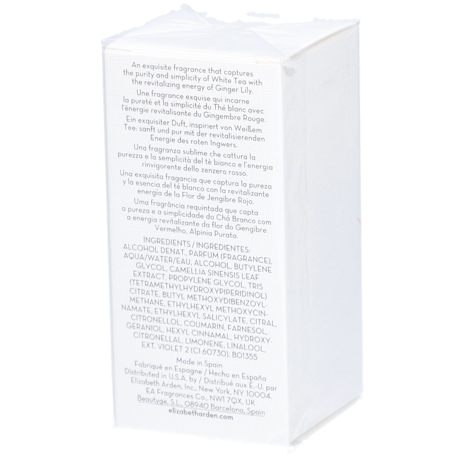 Boîte blanche avec texte en anglais. Contient des informations sur le produit, des ingrédients et des détails du fabricant. Emballée.