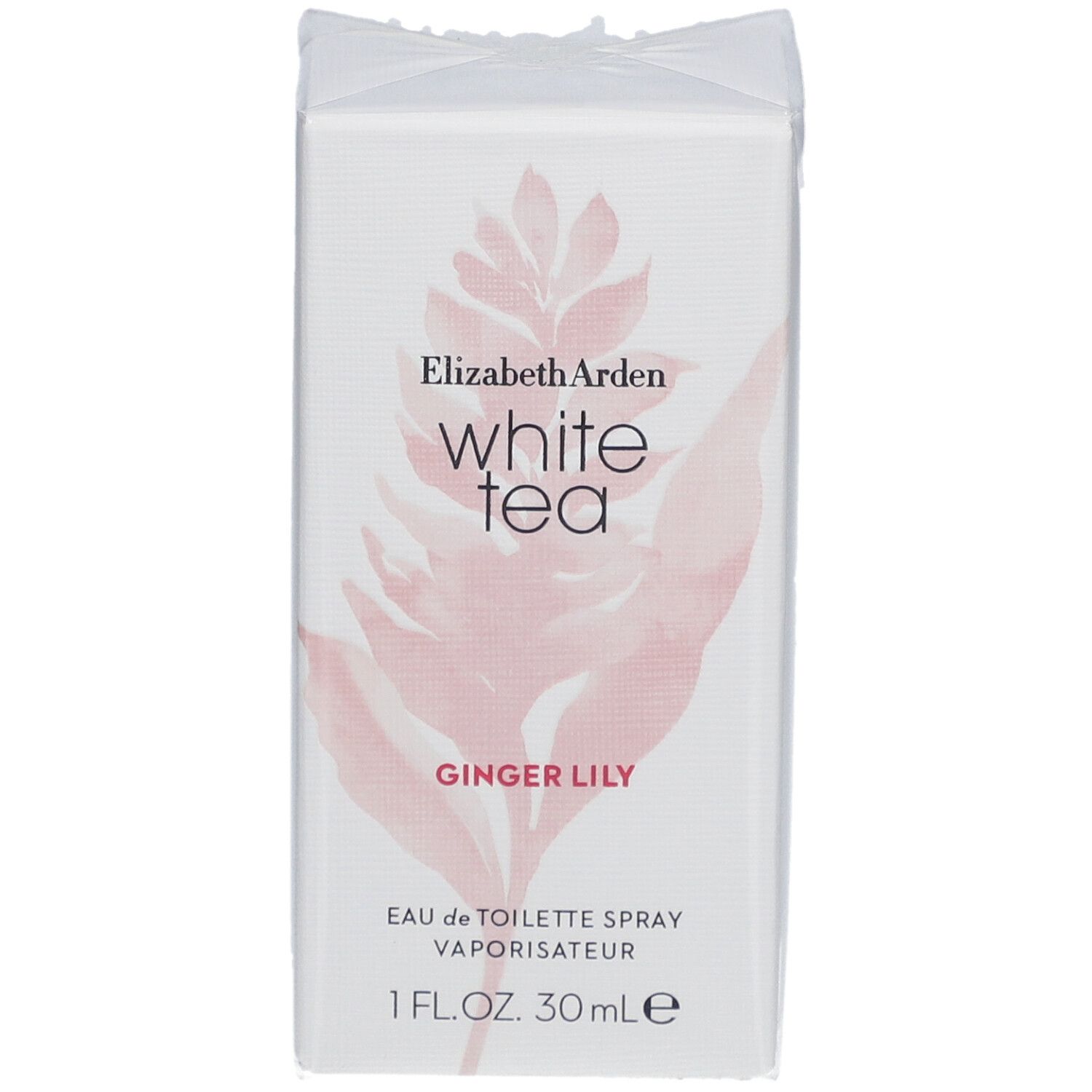 Boîte blanche rectangulaire avec nom du produit et motif floral. Texte: White Tea, Ginger Lily, Eau de Toilette Spray, 1 Fl.Oz. 30 ml.