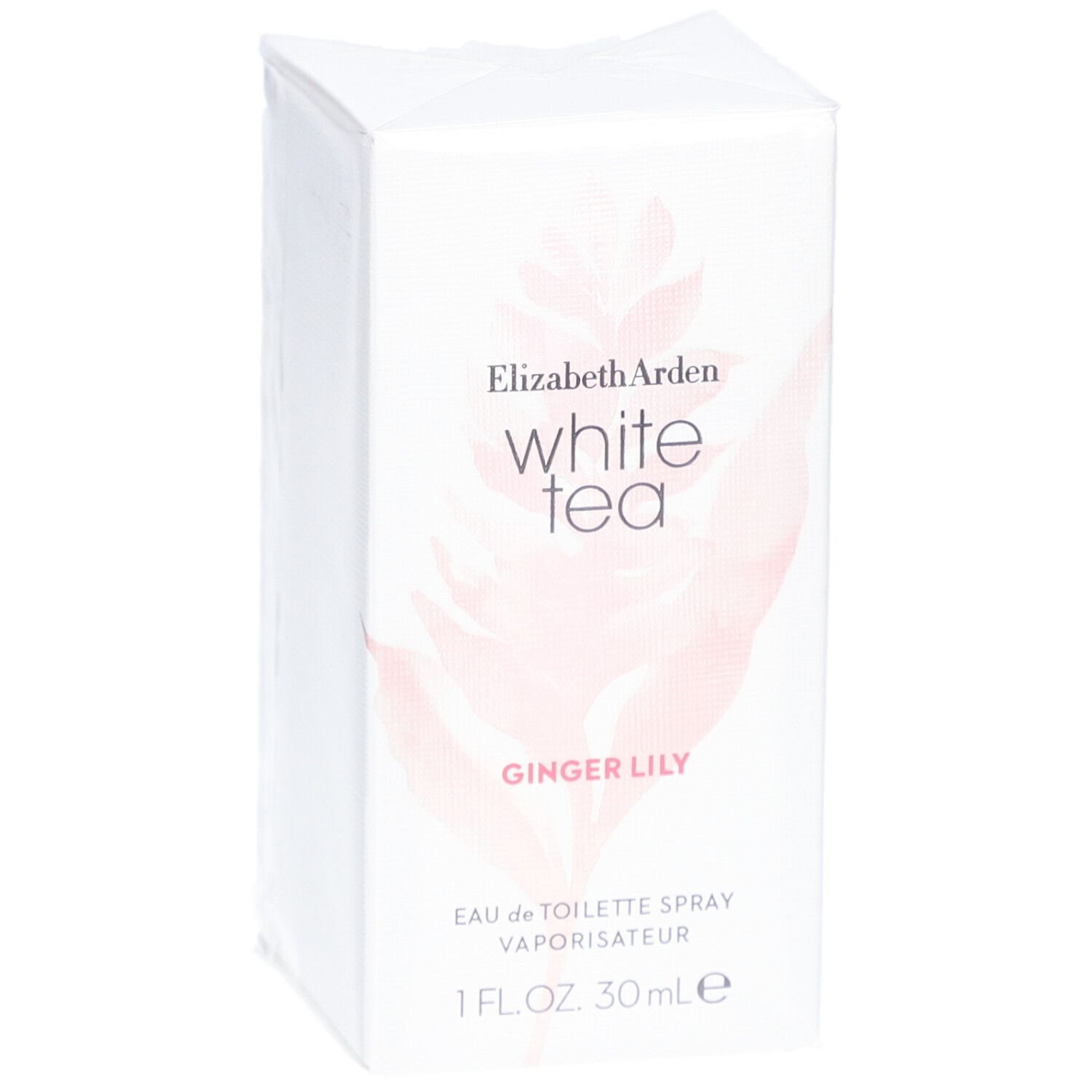 Boîte blanche rectangulaire avec nom du produit et motif floral. Texte: White Tea, Ginger Lily, Eau de Toilette Spray, 1 Fl.Oz. 30 ml.