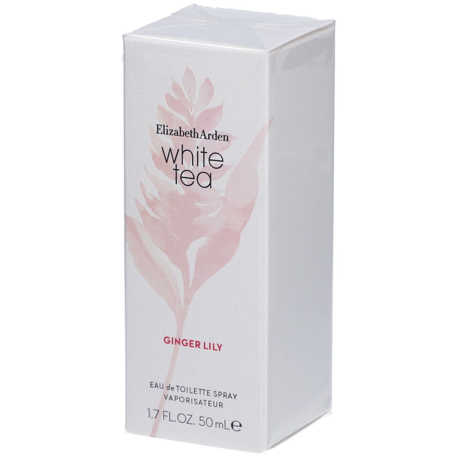 Boîte blanche rectangulaire avec nom du produit et motif floral. Inscription : Elizabeth Arden White Tea Ginger Lily.