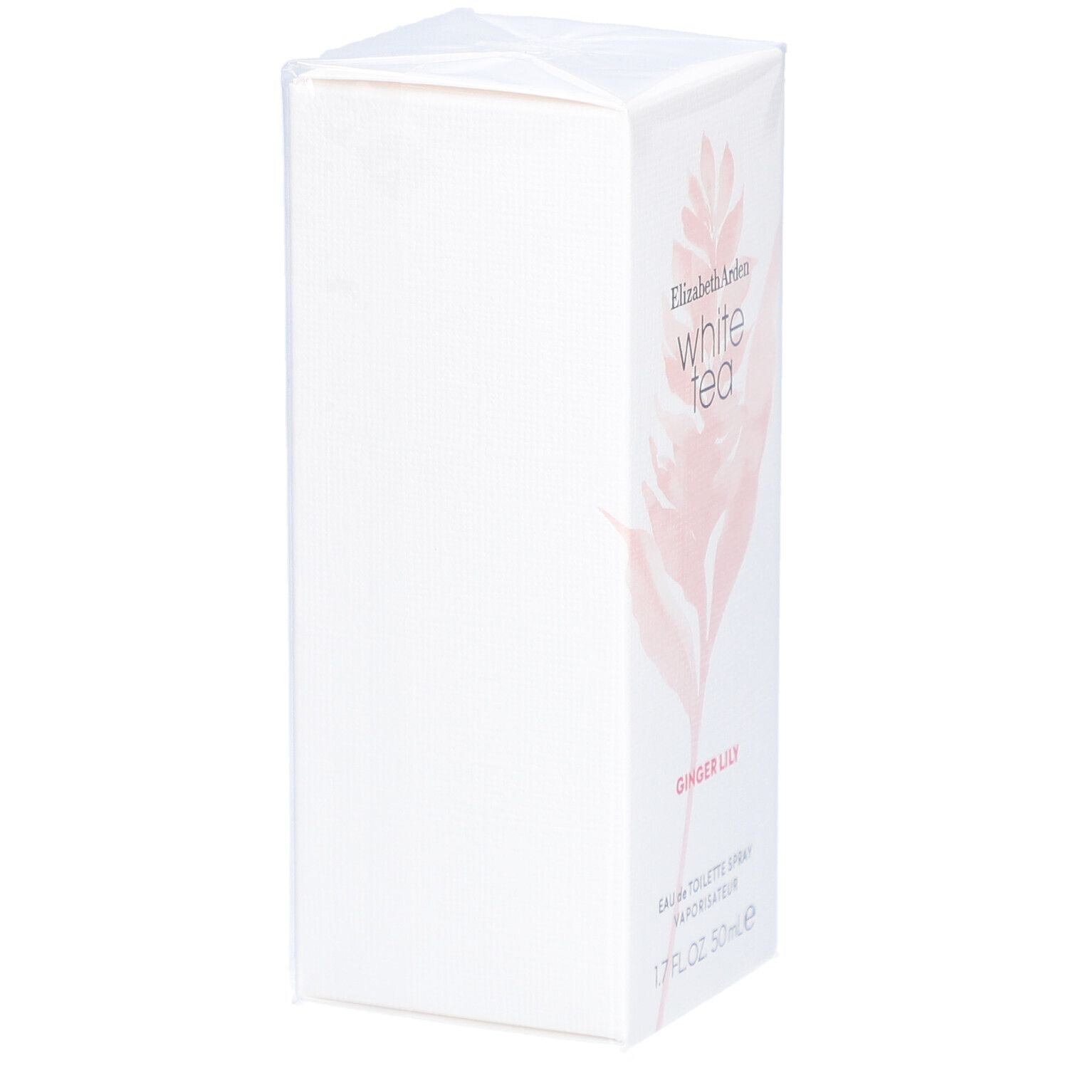 Boîte blanche rectangulaire avec nom du produit et motif floral. Inscription : Elizabeth Arden White Tea Ginger Lily.