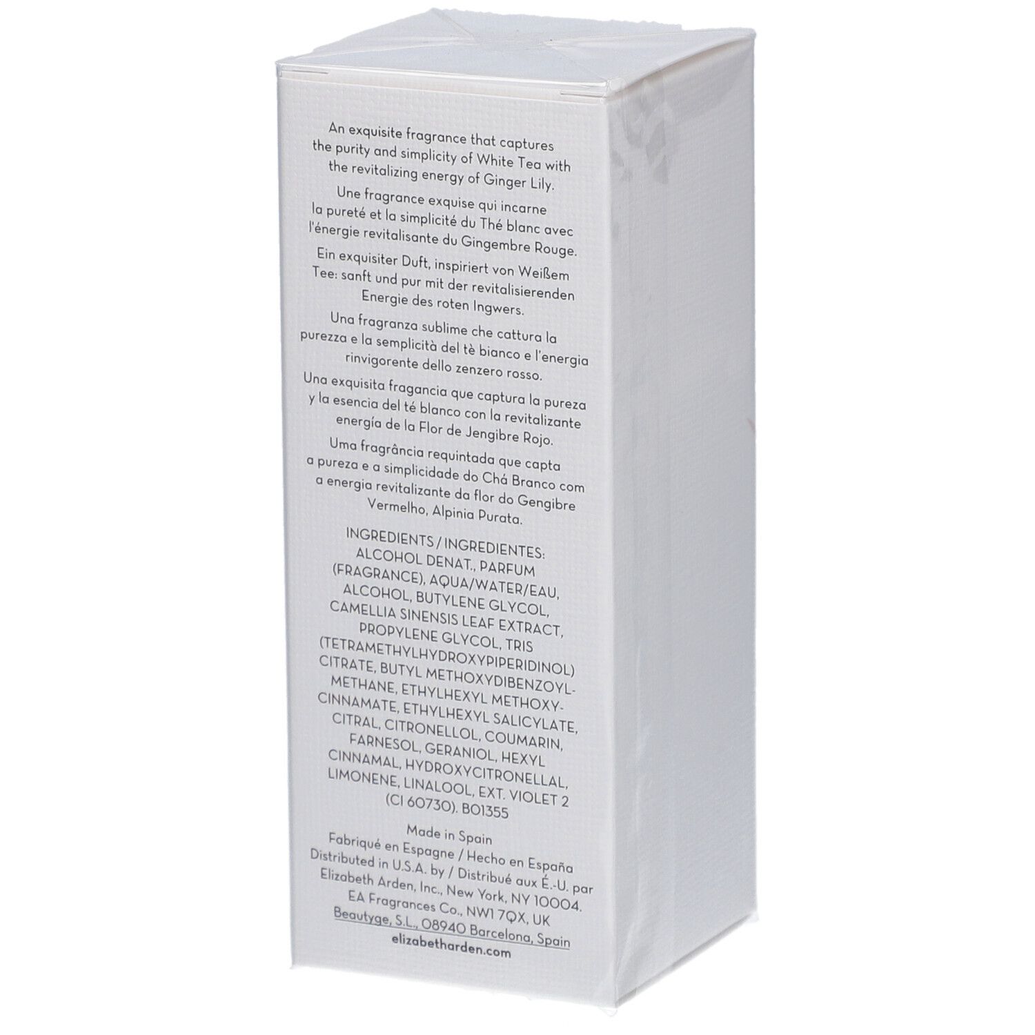 Boîte rectangulaire blanche avec texte. Inscription : Elizabeth Arden White Tea Ginger Lily. Ingrédients et fabricant.