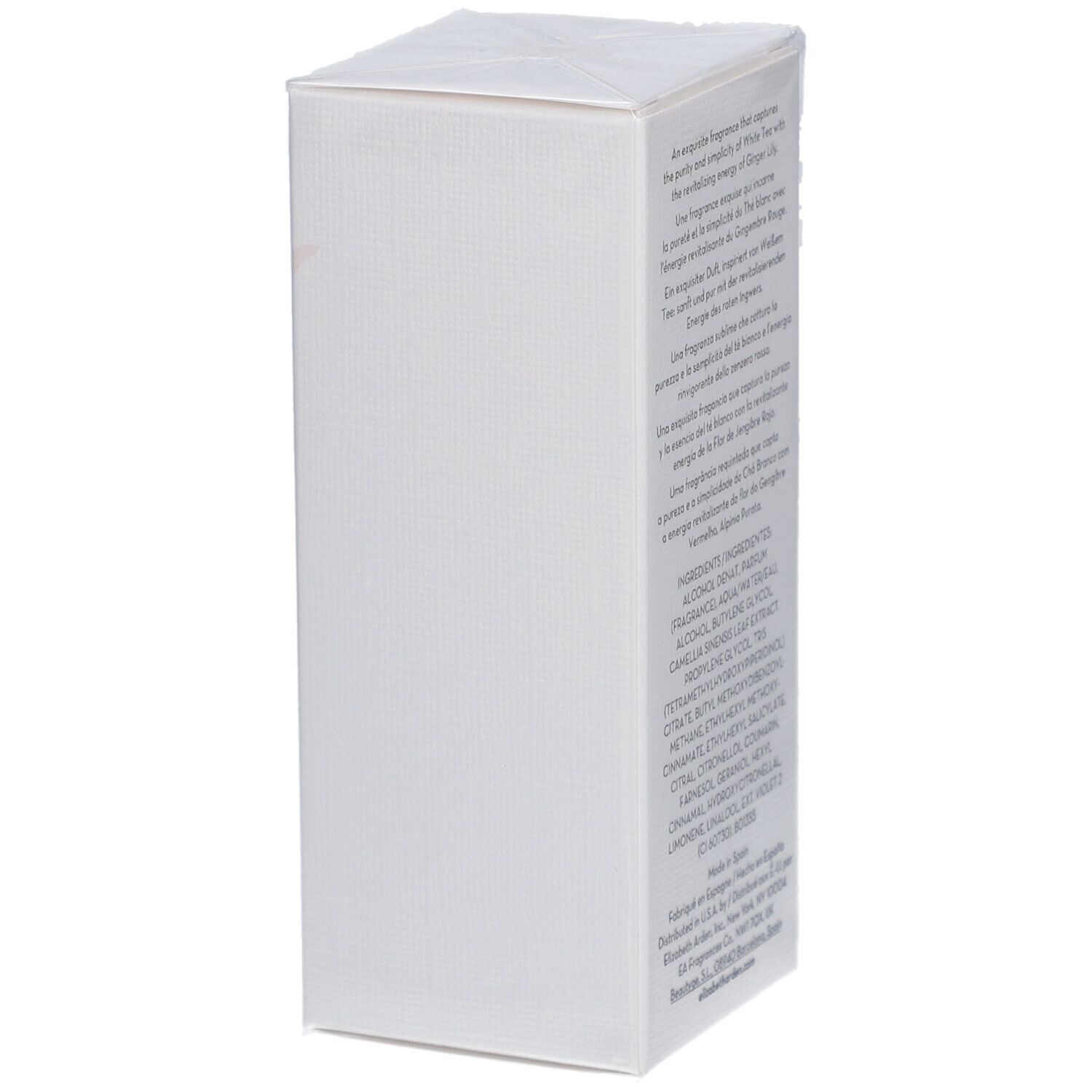 Boîte rectangulaire blanche avec texte. Inscription : Elizabeth Arden White Tea Ginger Lily. Ingrédients et fabricant.