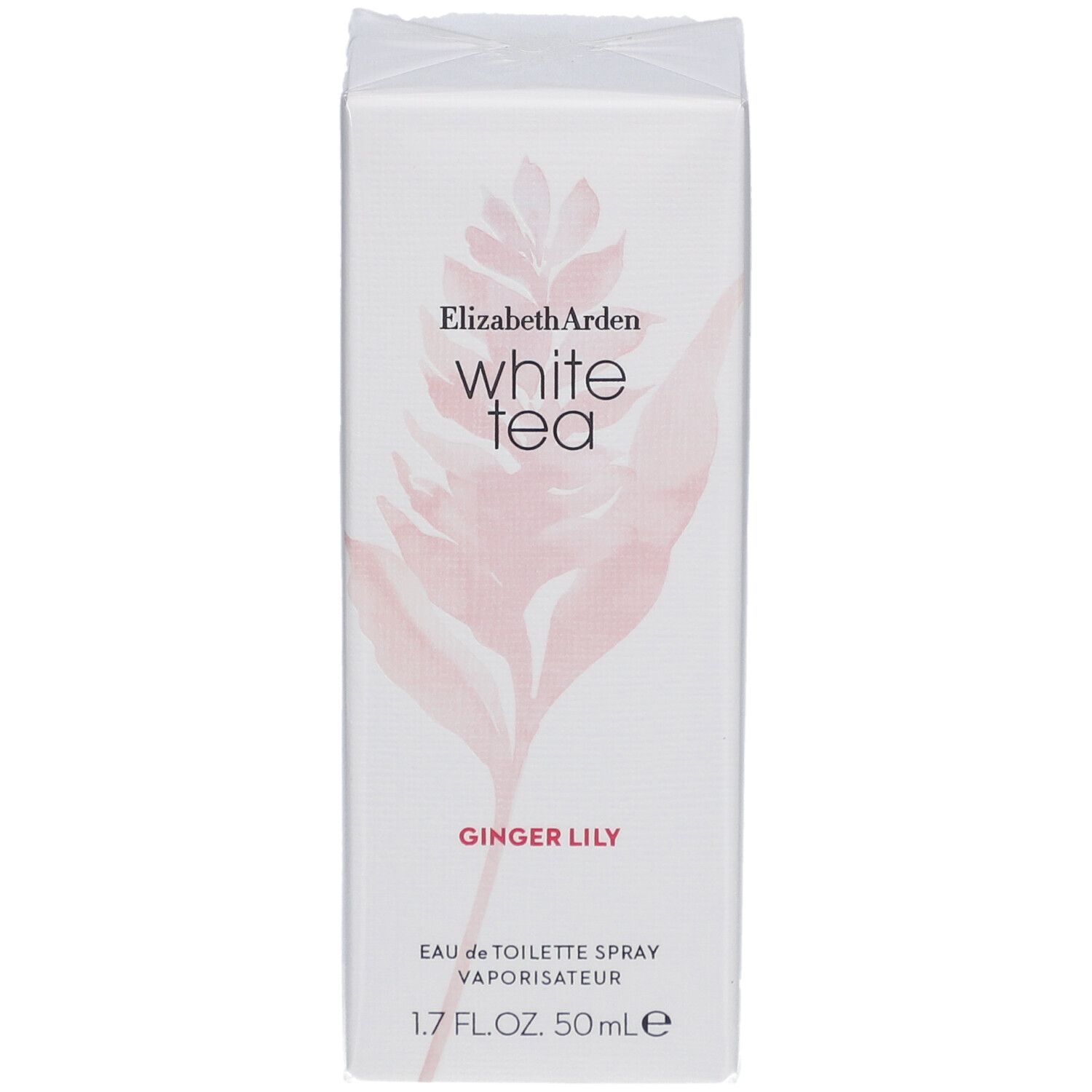 Boîte blanche rectangulaire avec nom du produit et motif floral. Inscription : Elizabeth Arden White Tea Ginger Lily.