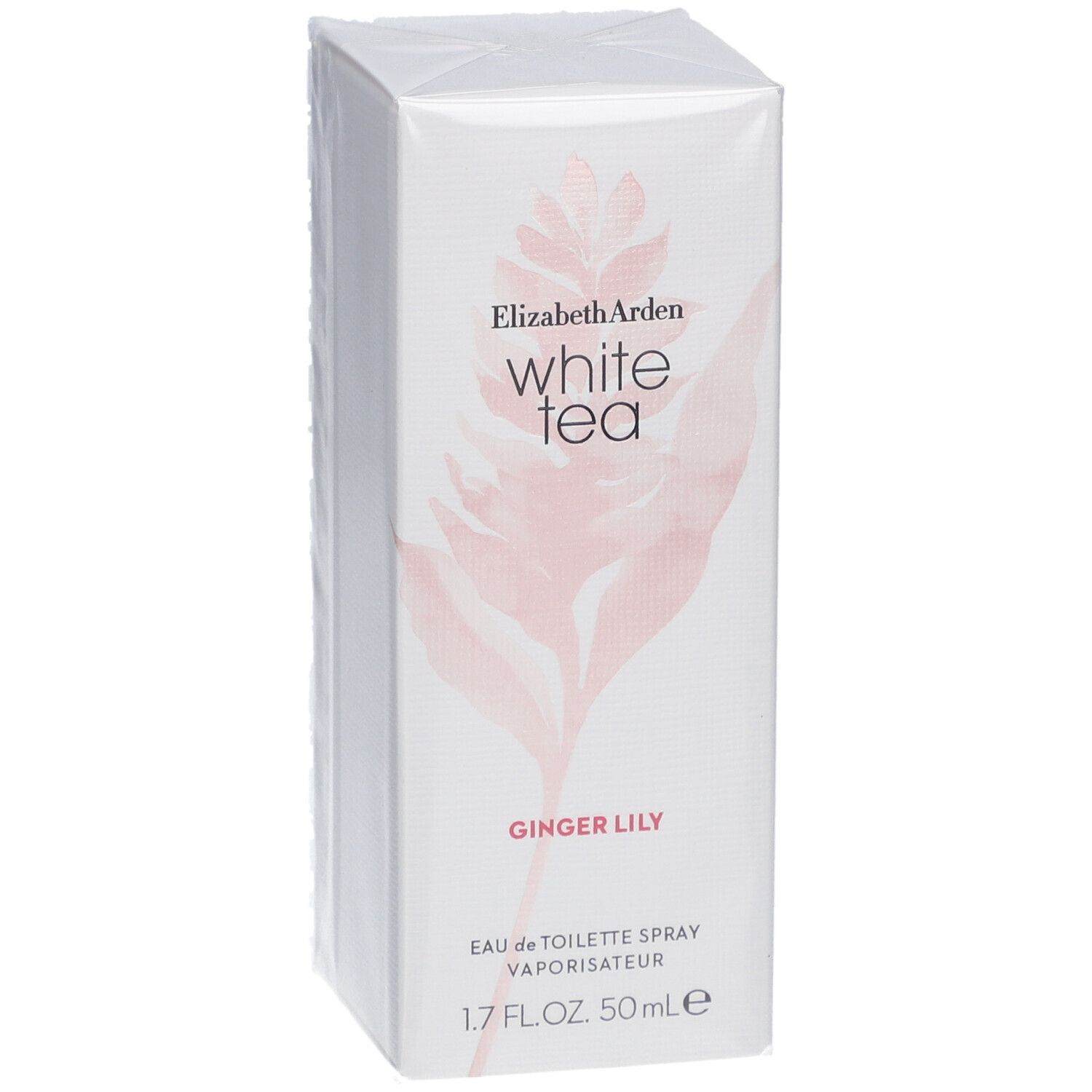 Boîte blanche rectangulaire avec nom du produit et motif floral. Inscription : Elizabeth Arden White Tea Ginger Lily.
