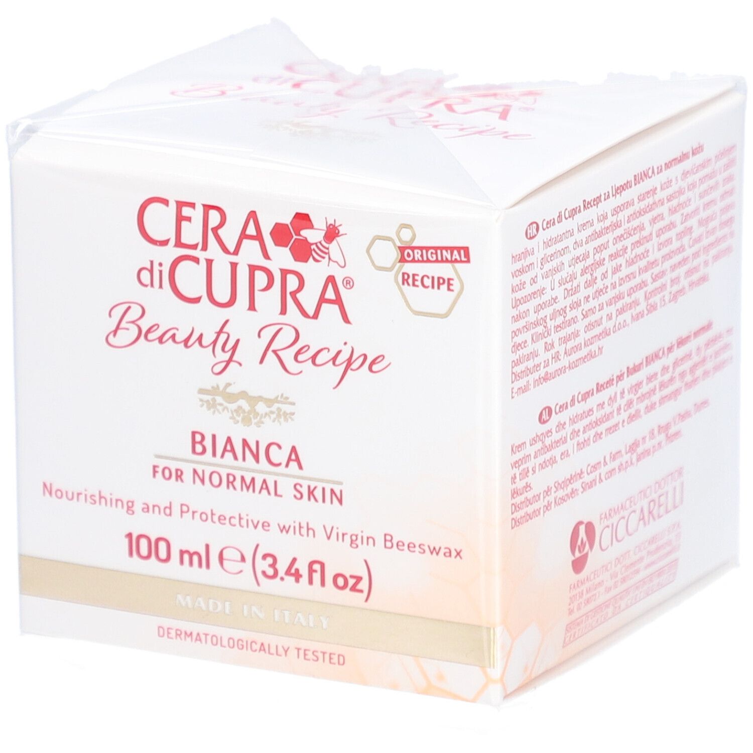 Boîte blanche avec informations produit. Inscription: Cera di Cupra Beauty Recipe Bianca, 100 ml. Fabriqué en Italie.