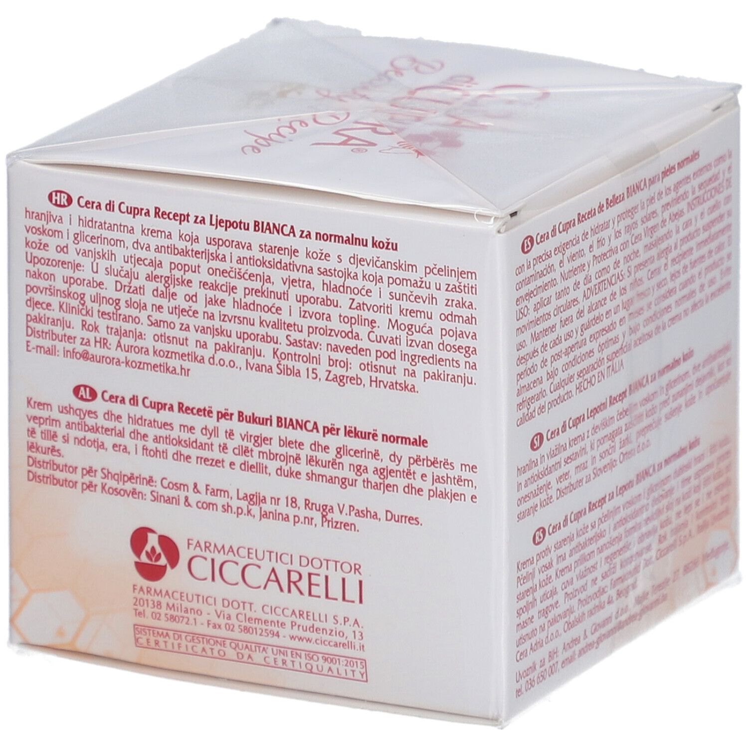 Boîte pliante blanche avec texte en croate. Contient informations produit et avertissements. Fabriqué en Italie.