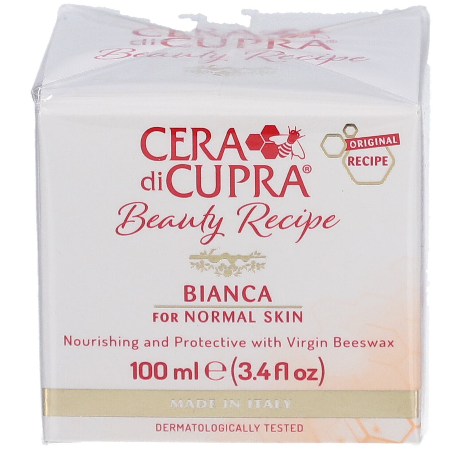 Boîte blanche avec impression du produit. Inscription: Cera di Cupra Beauty Recipe Bianca, 100 ml. Fabriqué en Italie.