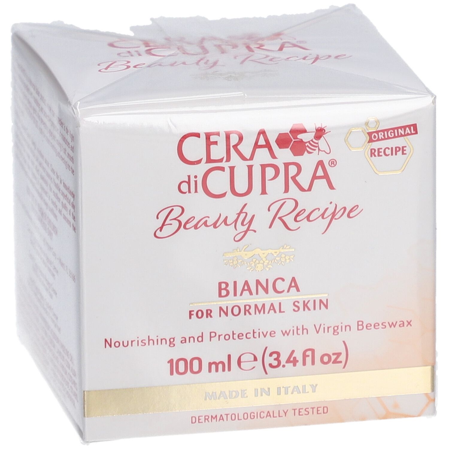 Boîte blanche avec impression du produit. Inscription: Cera di Cupra Beauty Recipe Bianca, 100 ml. Fabriqué en Italie.