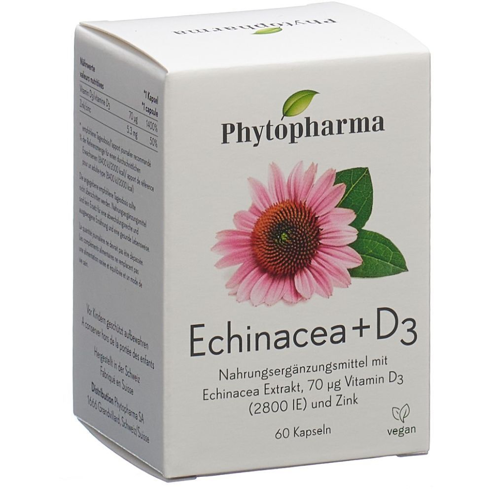 Boîte blanche avec nom du produit et image d'une fleur. Texte : Echinacea + D3, 60 gélules, vegan.
