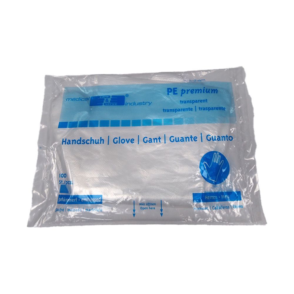 Gants en plastique transparents dans un emballage plastique. Inscriptions : Handschuh, Glove, Gant, Guante, Guanto. Marque : medical industry.