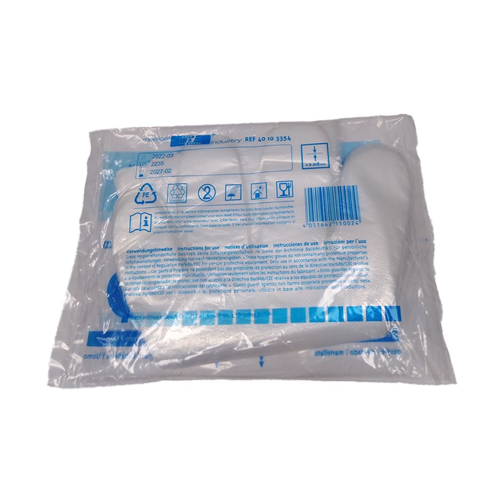 Emballage avec gants en plastique blancs. Dos avec symboles et texte. Inscription : medical industry.