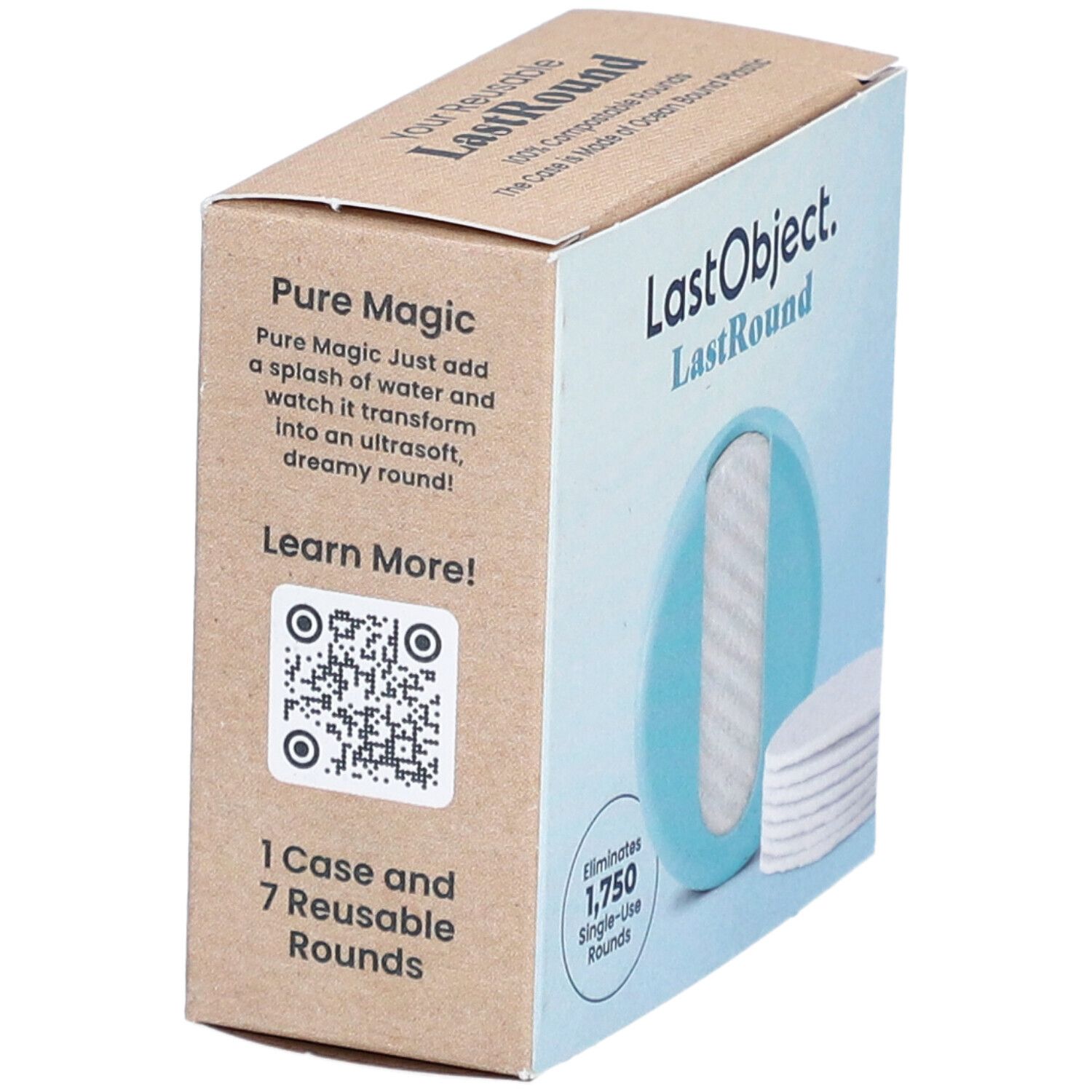 Boîte LastObject LastRound. Texte: 1 étui et 7 ronds réutilisables. Code QR. Ronds turquoise. Texte: Pure Magic.