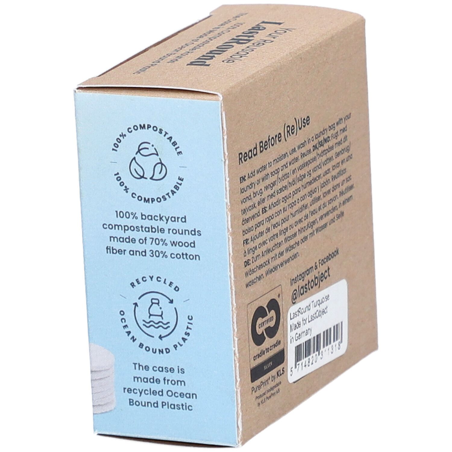 Boîte LastObject LastRound. Texte: 100% compostable. Texte: Recycled Ocean Bound Plastic. Ronds turquoise.